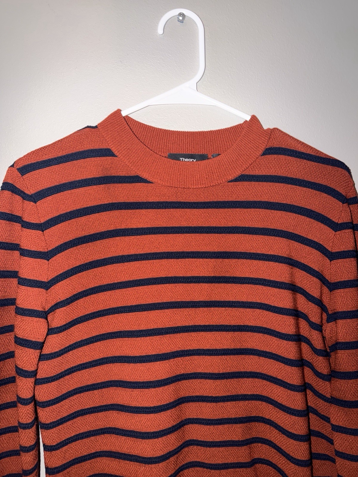 Theory Women’s M Orange/Blue Striped Knit Crewneck Sweater Viscose Blend