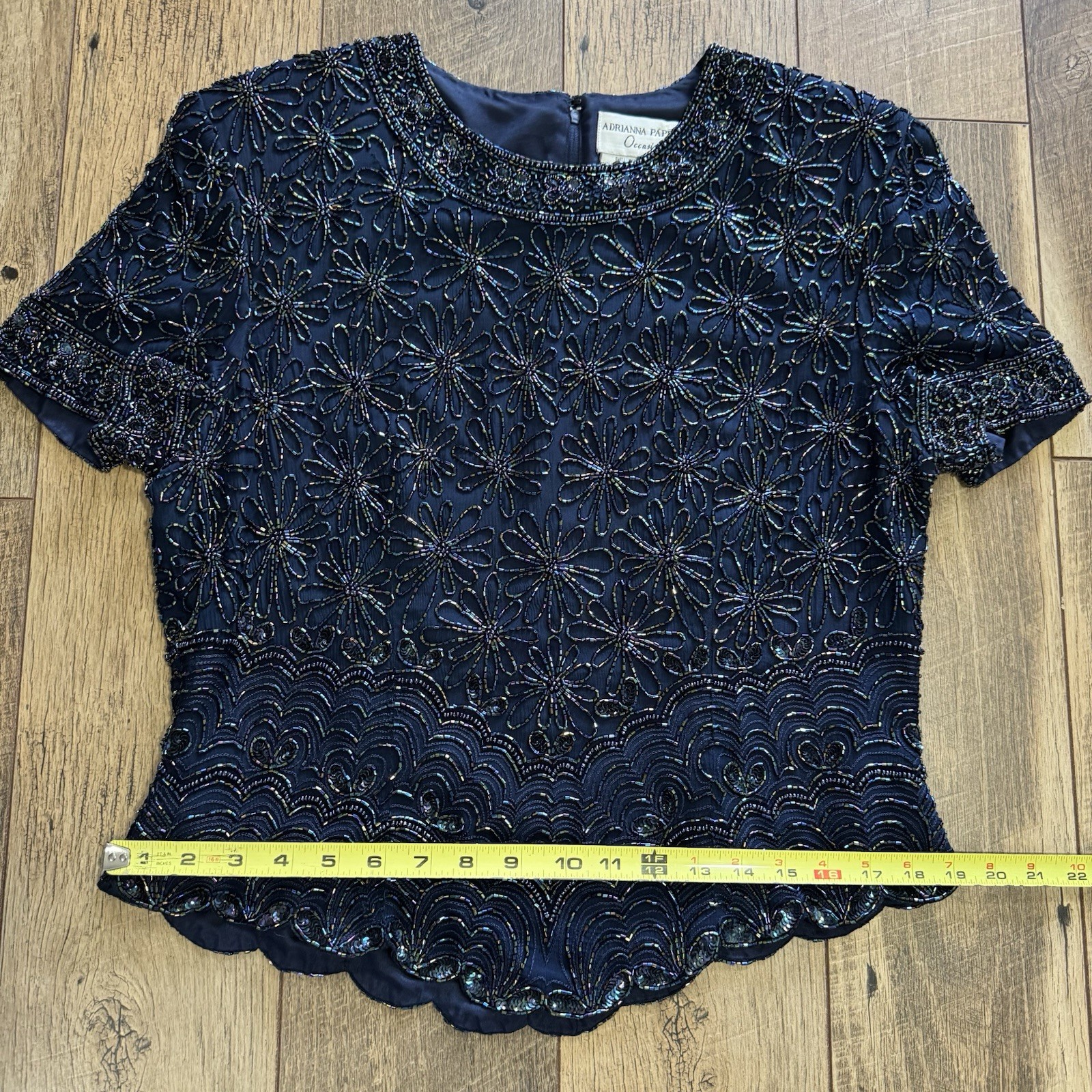 Vintage Papell Occasions Evening Navy Beaded Sparkle Top Blouse Shirt Silk SZ 12