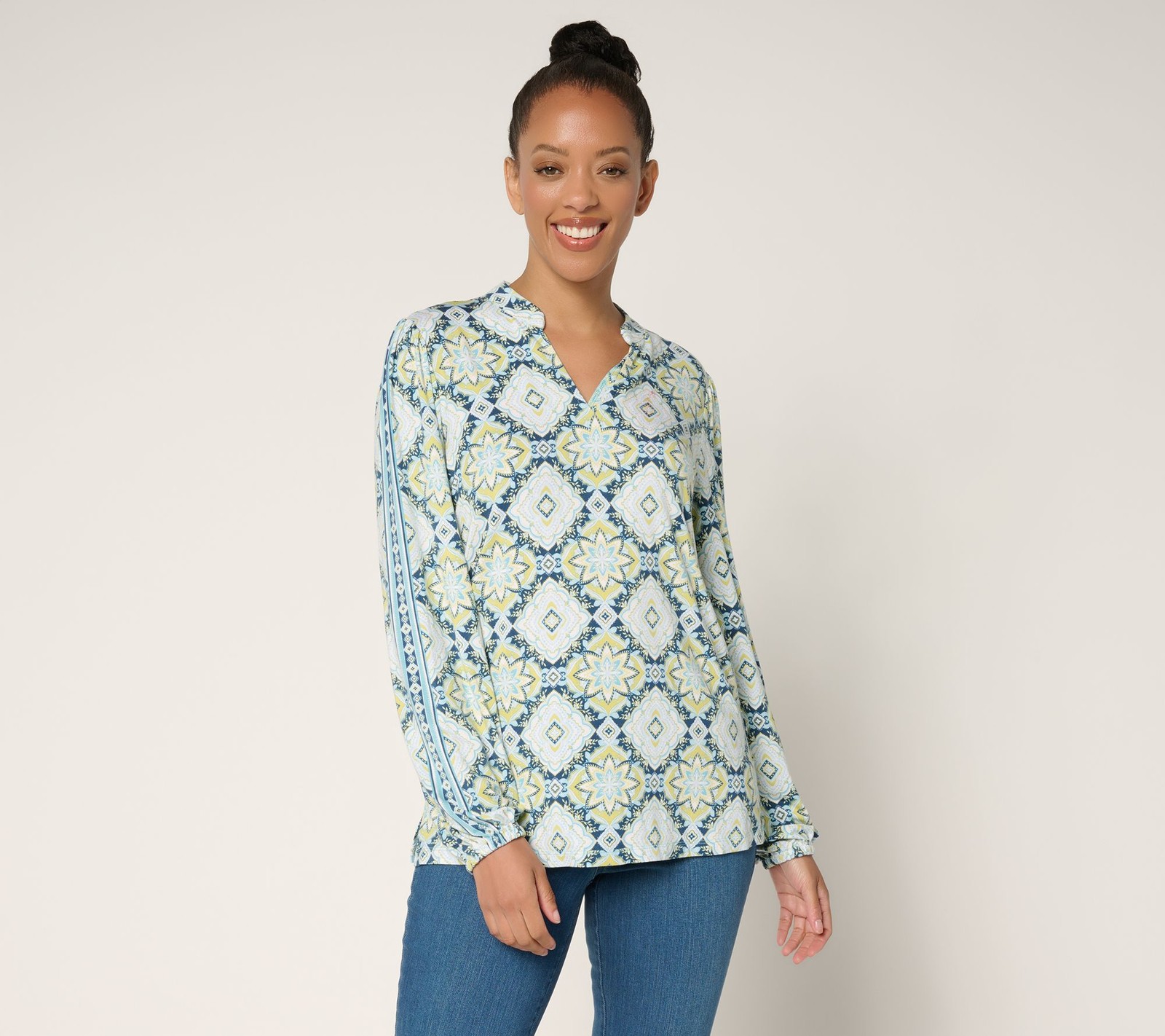 Belle by Kim Gravel Boho Rayon Spandex Southern Star Border Top Bristol Blue 1X