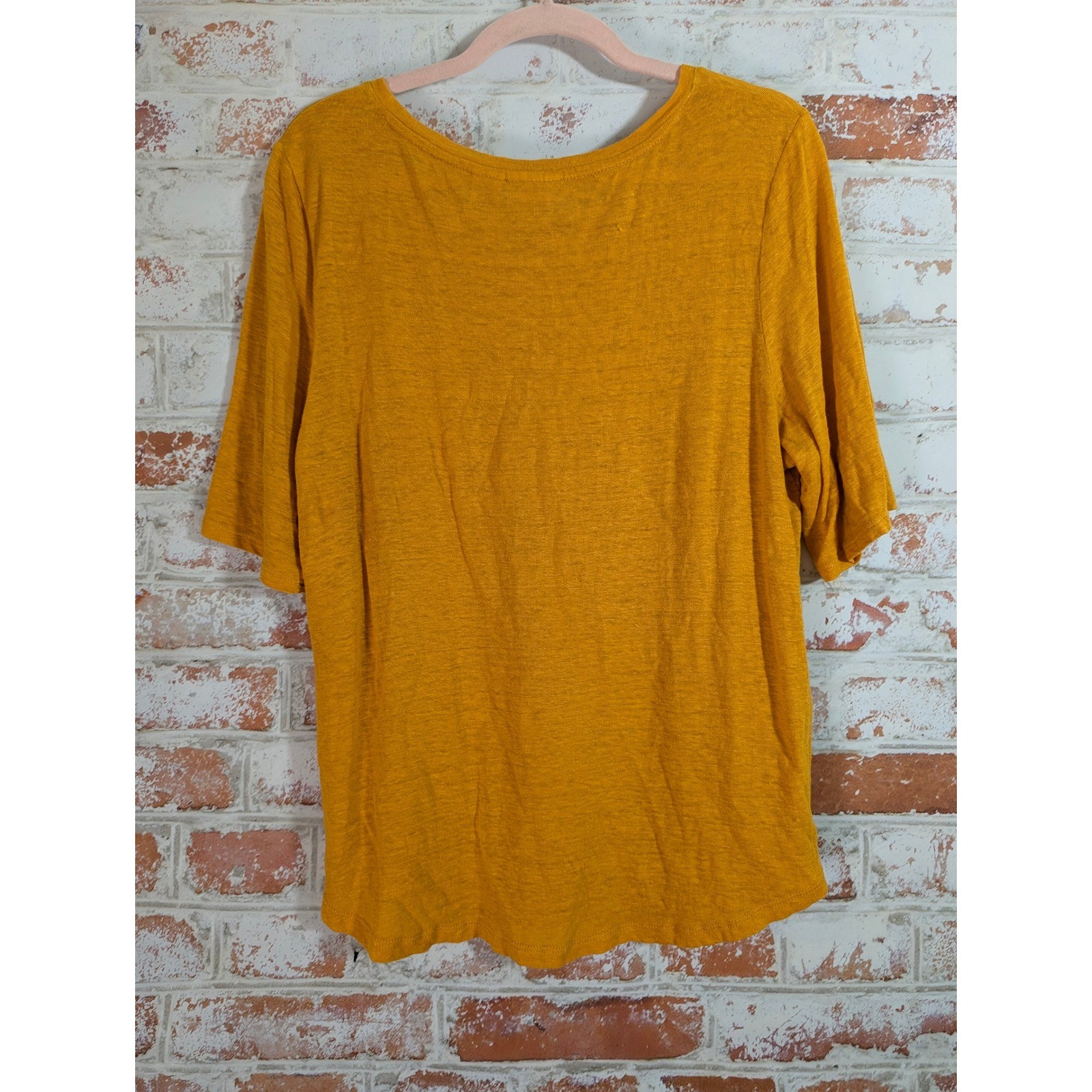Nicole Miller Linen Top Women XL Mustard Yellow Short Sleeve Scoop Neck Tee