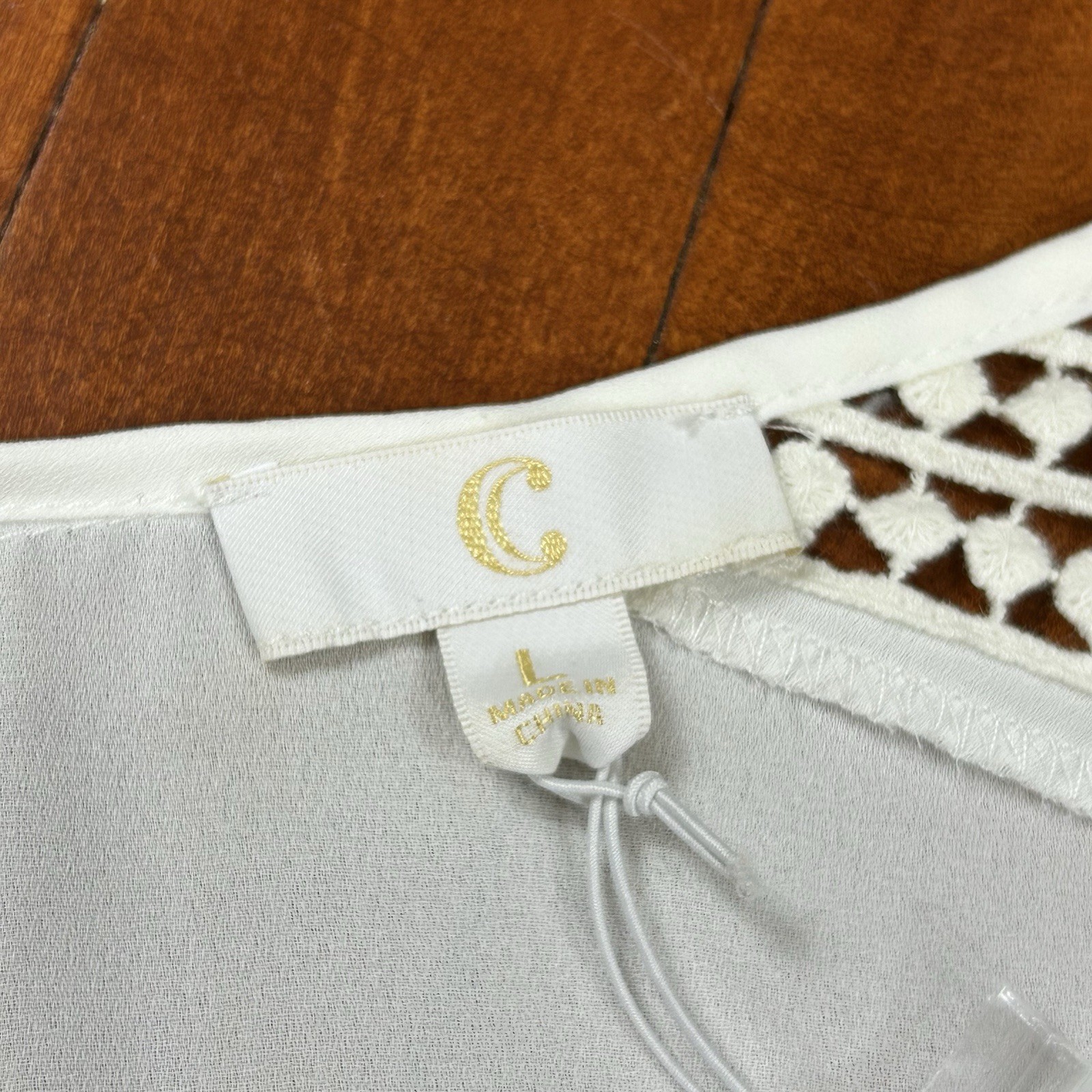 Charming Charlie Womens Large Ivory Semi Sheer Blouse Long Sleeve Crochet Trim