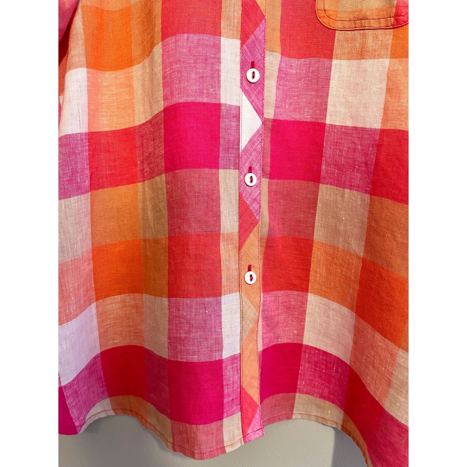 Foxcroft Easy Care Linen Tamara Check Top in Pink and Orange Petite 14