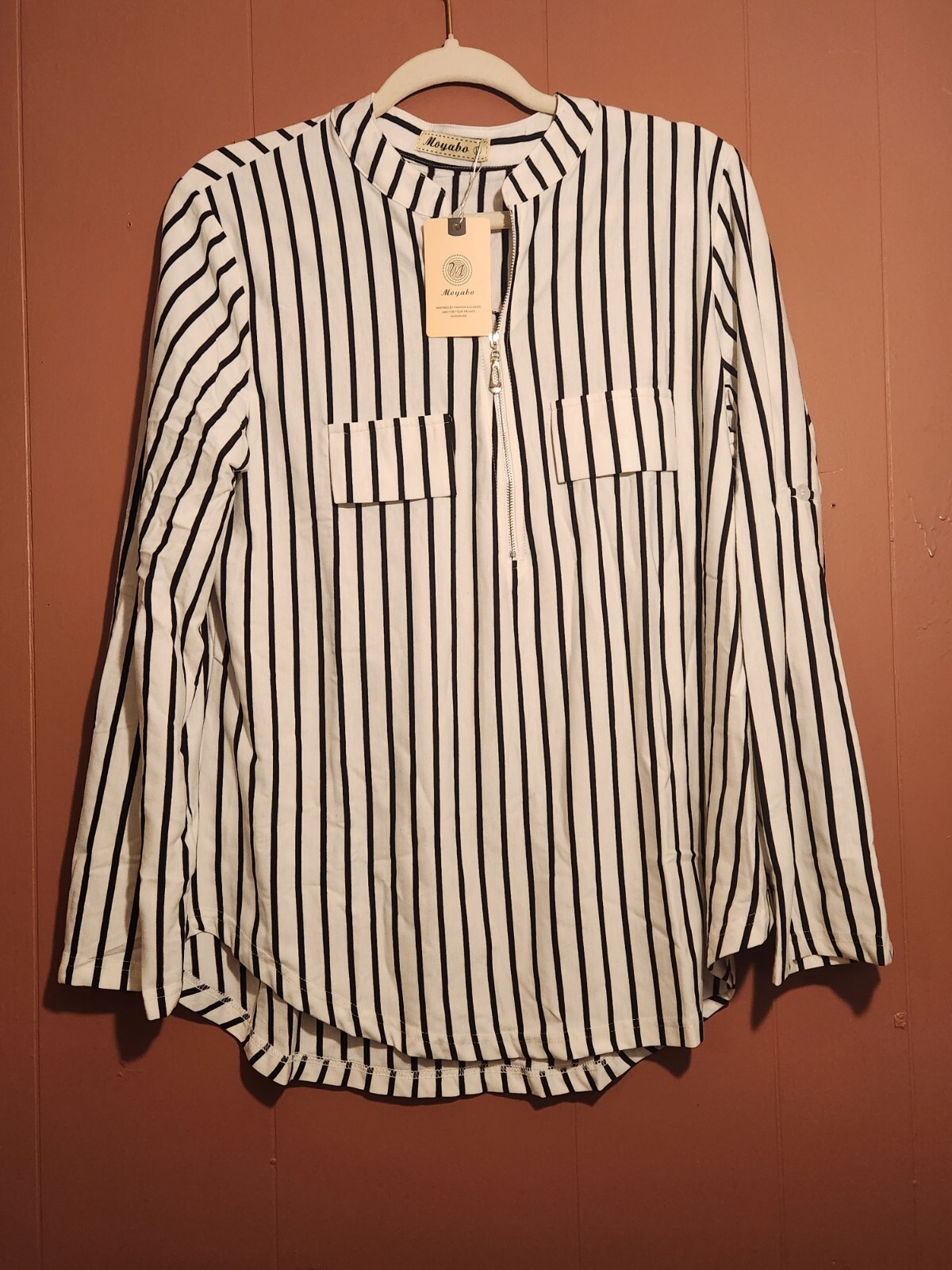 NWT Moyabo Womens L V-Neck Blouse Half Zip up Tunic Shirt 3/4 Roll Tab Sleeve
