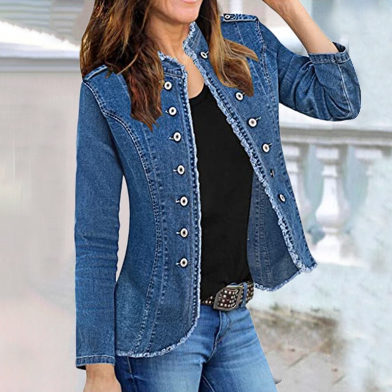 Women’s short jacket denim suit jacket single breasted stand up collar denim jac