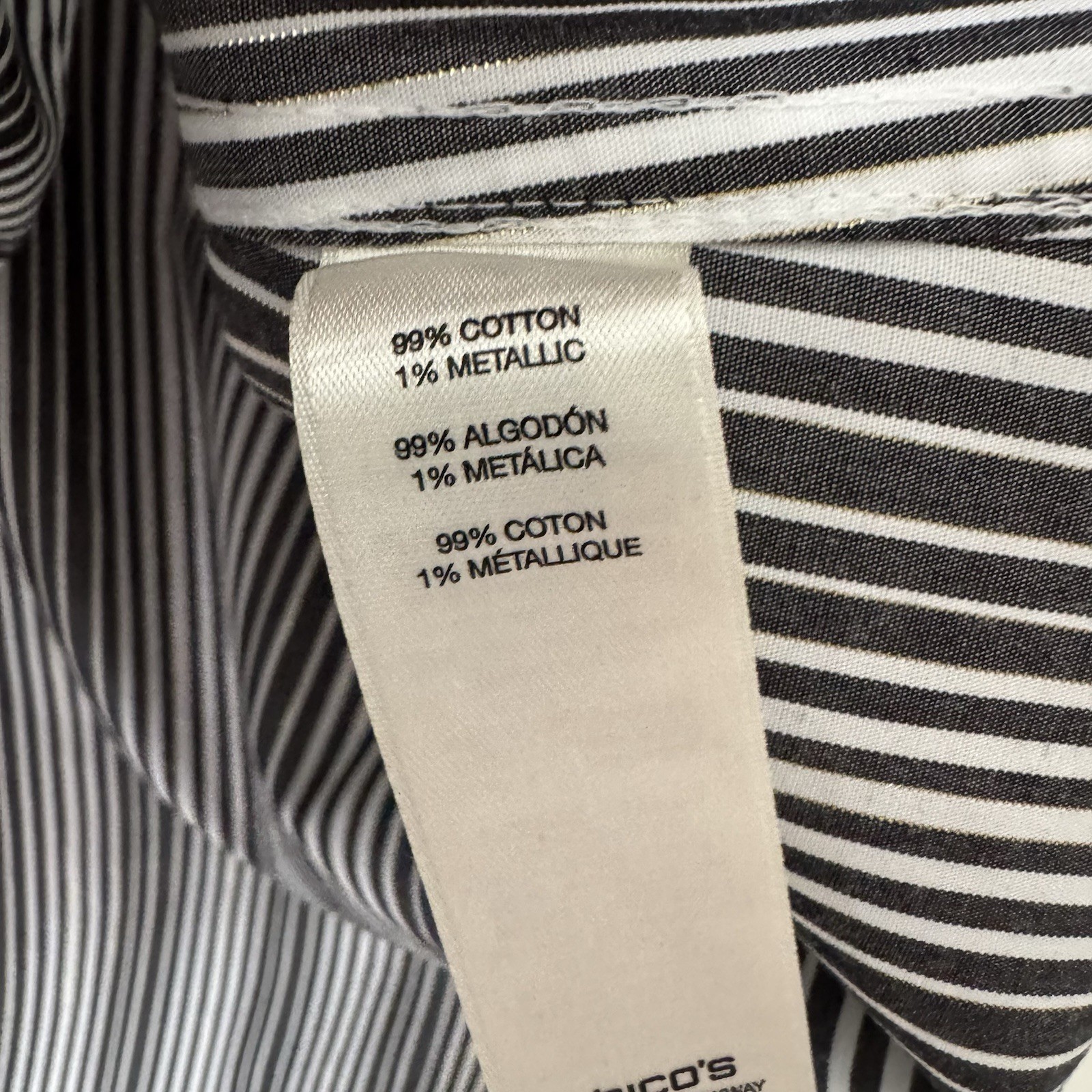 Chico’s No Iron Striped shirt Sz Medium Gray white gold metallic button NWT