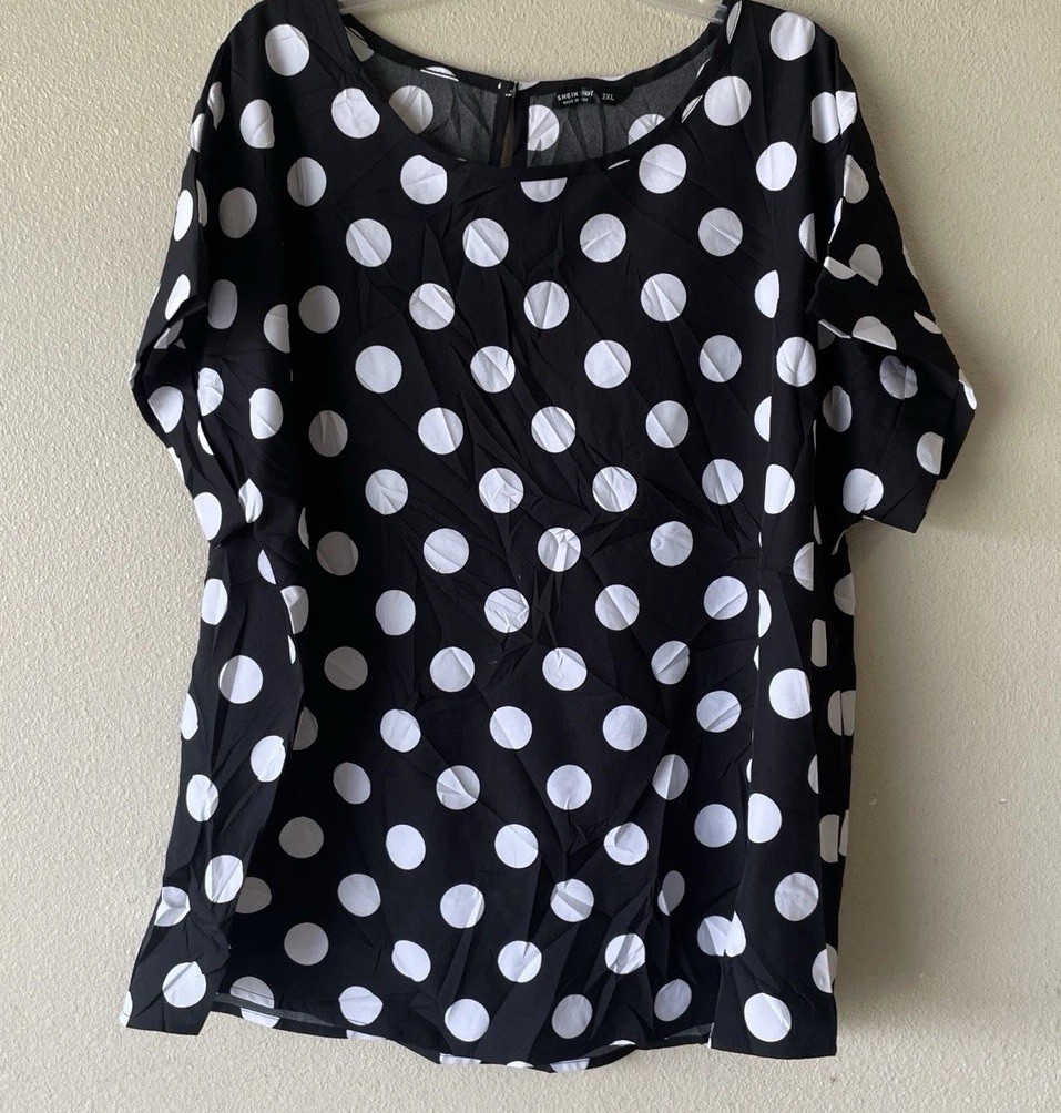 Plus Size Blouse SHEIN Curve 2XL Black White Polkadot Short Sleeve