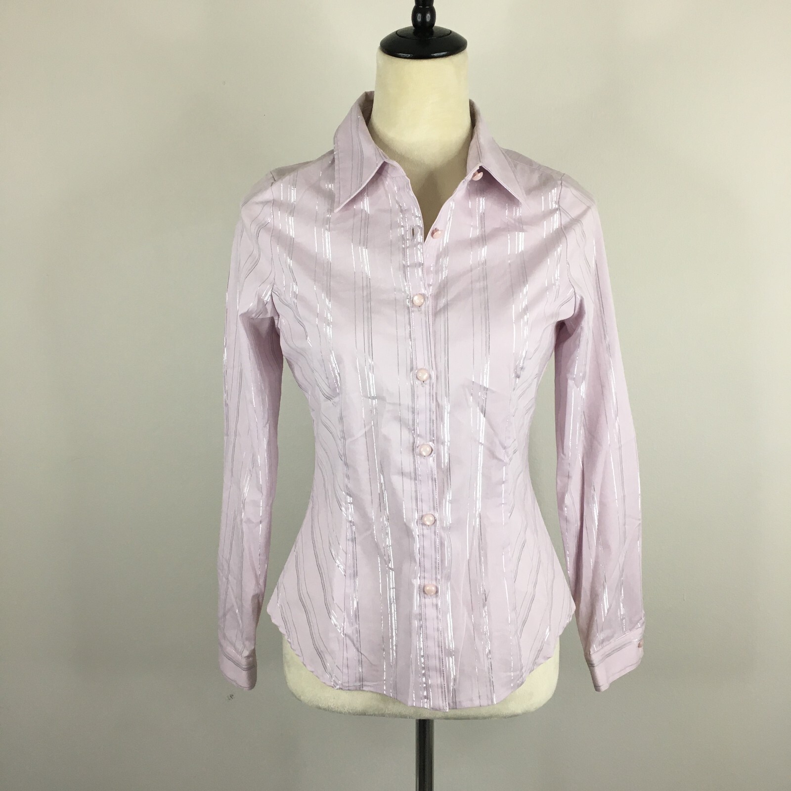 $260 NWT WANKO Womens sz 34/XS Light Purple Silver Glitter Striped Button Shirt