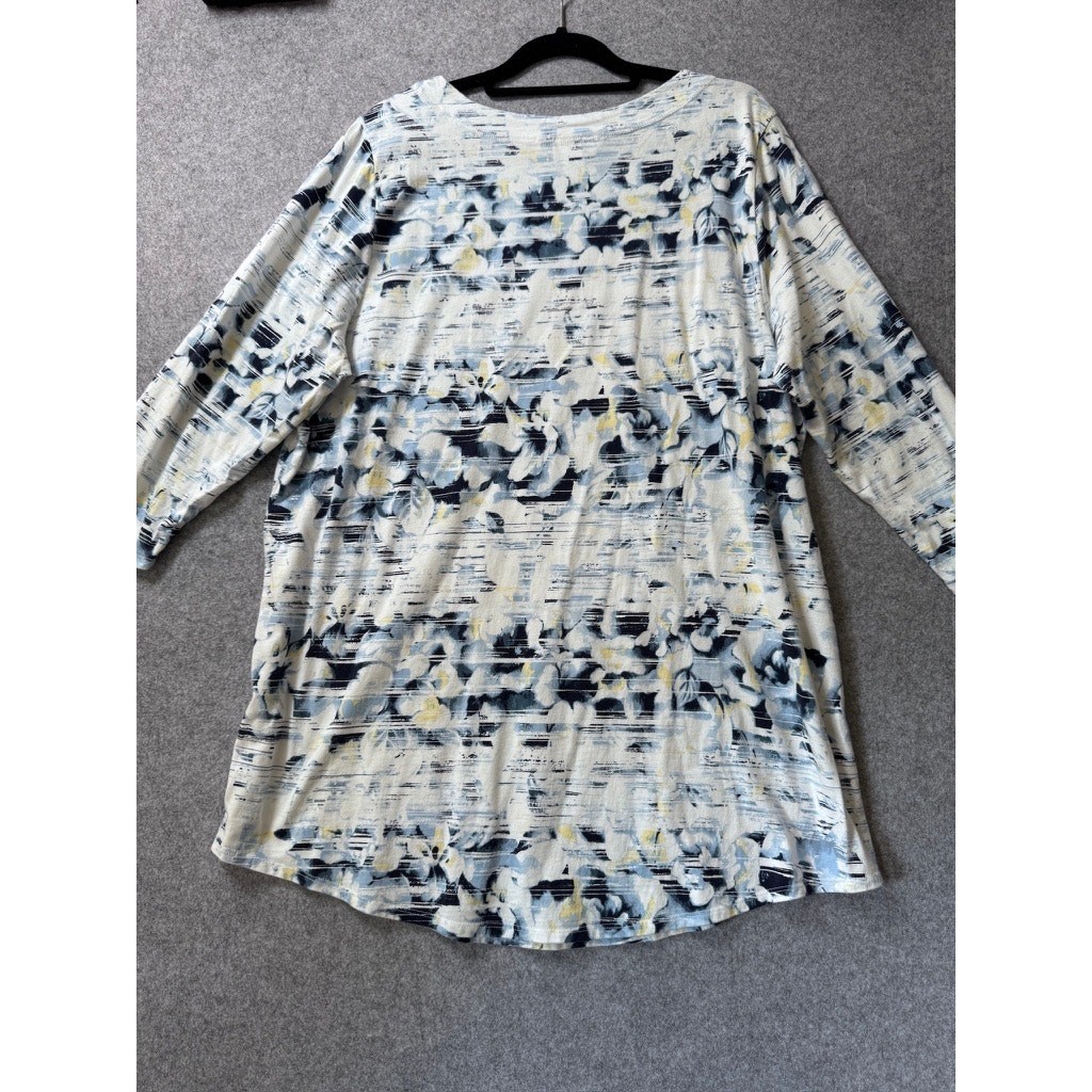 CJ Banks Floral Abstract Print Top 1X Blue White Yellow Cotton Modal 3/4 Sleeve