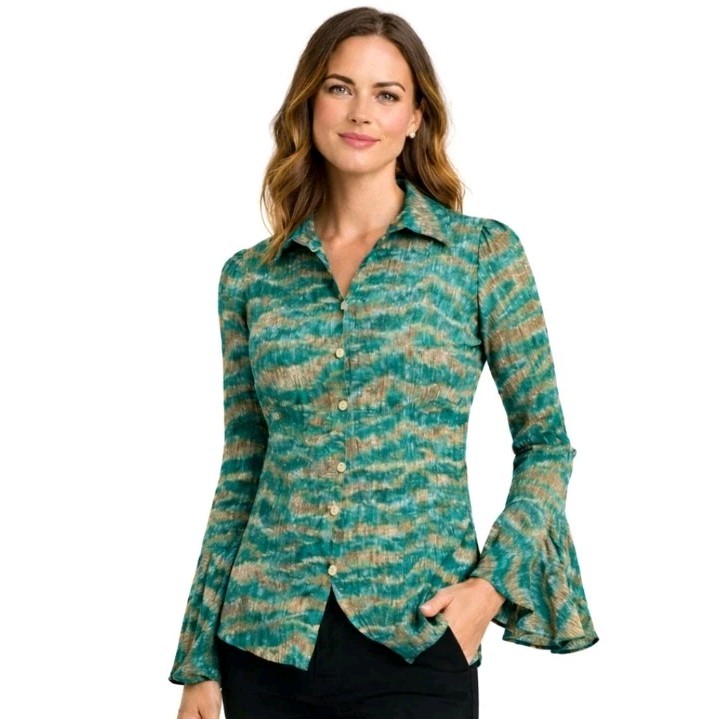 DVF Diane von Furstenberg XS Abstract Print Bell Sleeve Blouse Retro Boho