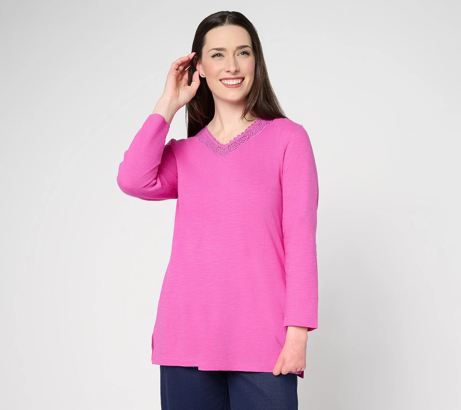 Denim & Co. Regular Textured Cotton Bracelet Sleeve V-Neck Tunic NWT A717386