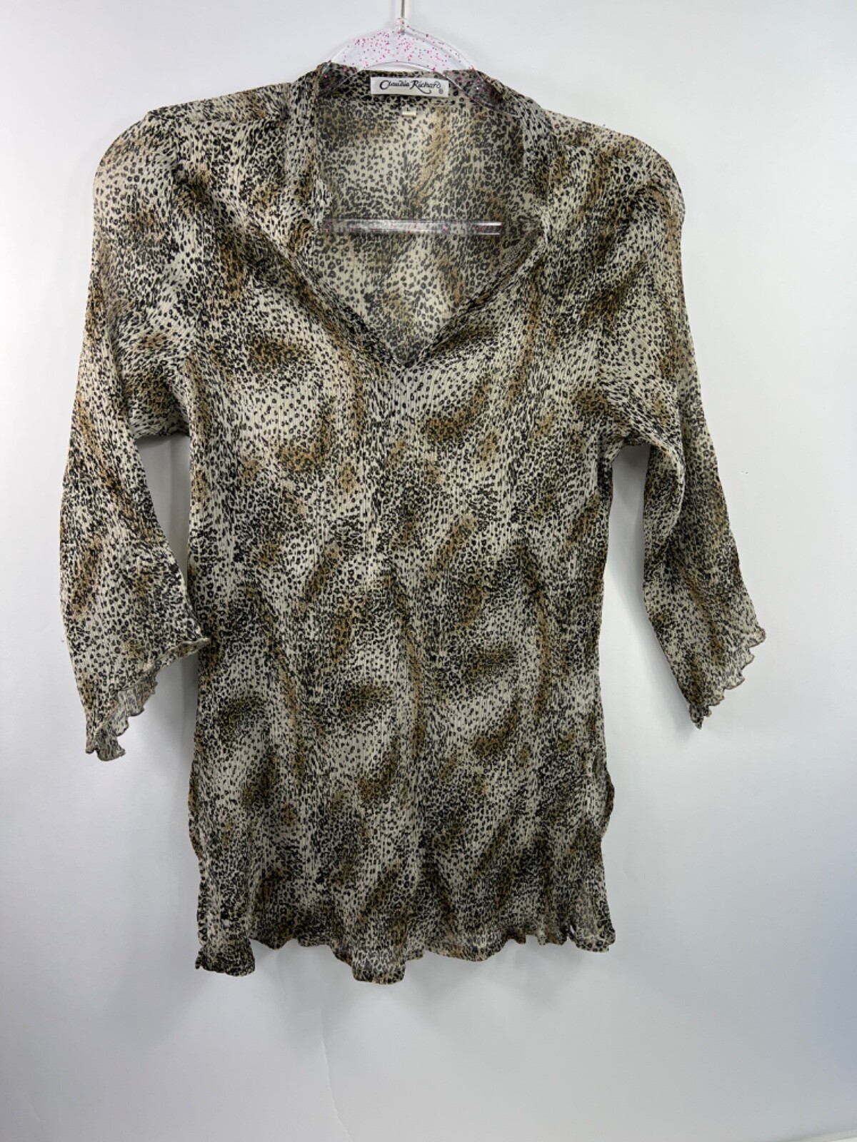 Claudia Richard Blouse Women’s Size L Animal Print V-Neck 3/4 Sleeve Sheer
