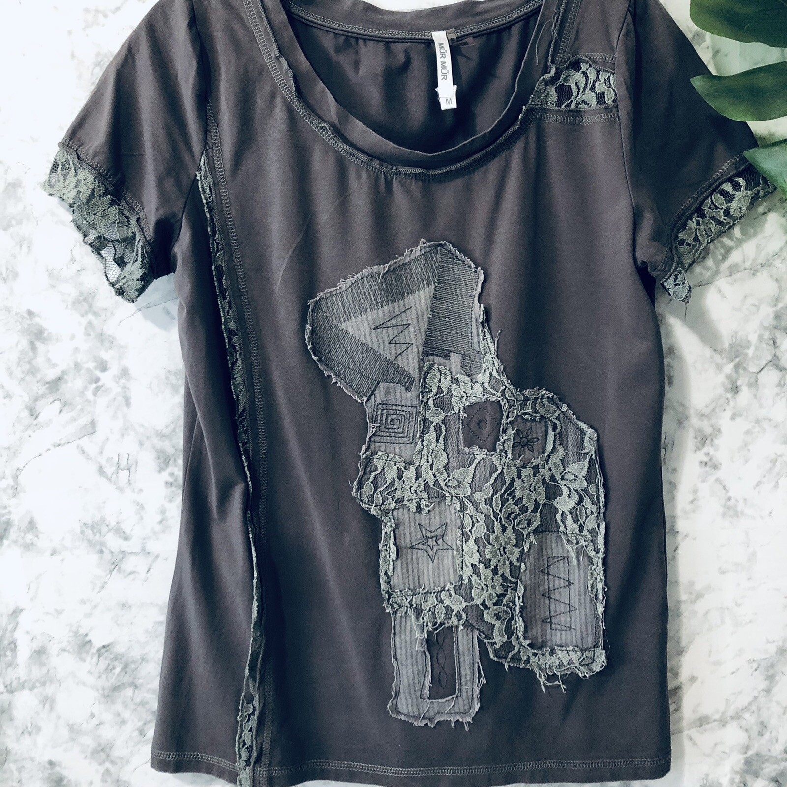 MurMur Womens Shirt Size M Medium Round Neck Lace Embroidery Short Sleeve Top