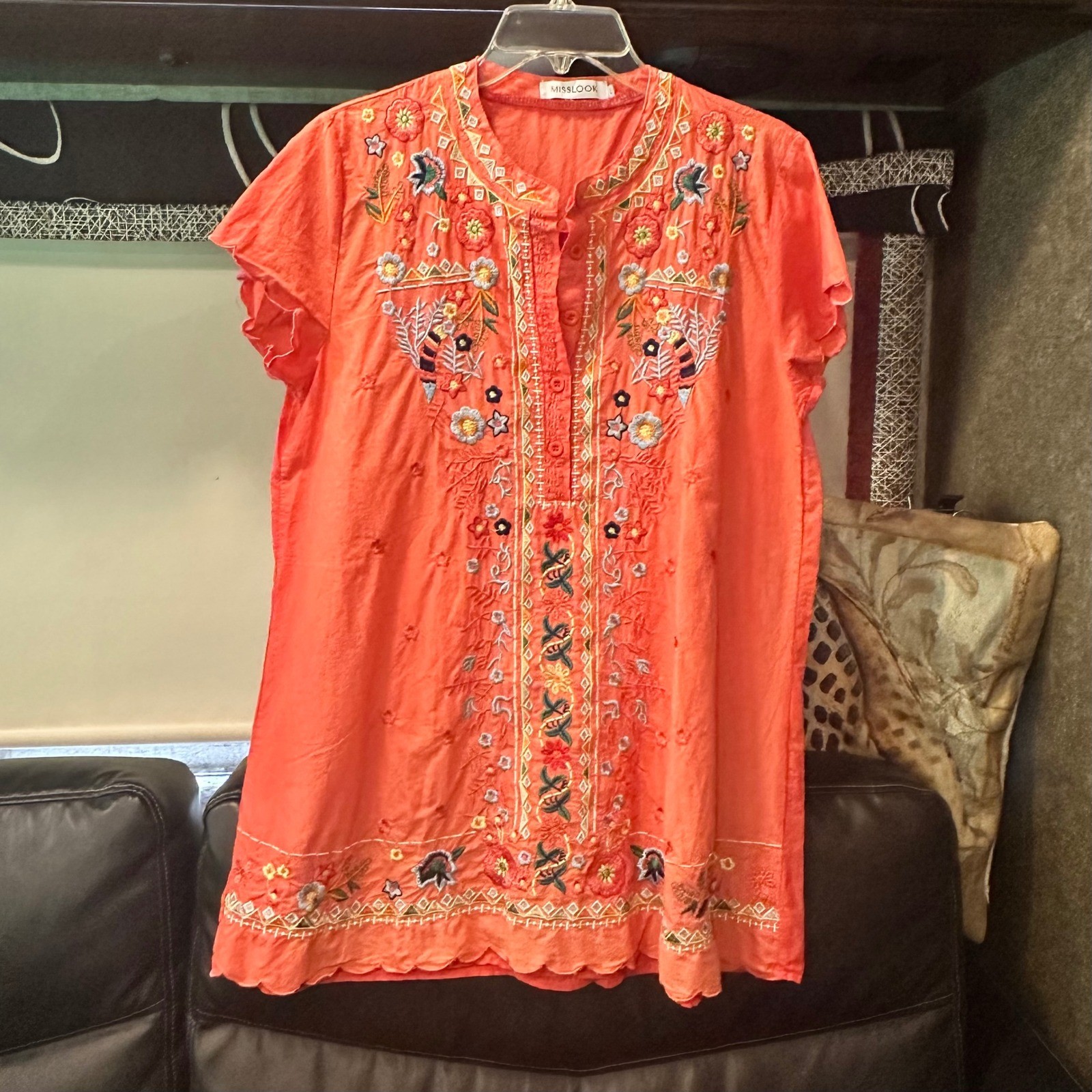 Misslook Orange Embroidered Boho Floral Tunic Top Short Sleeve Cotton Blend Sz L