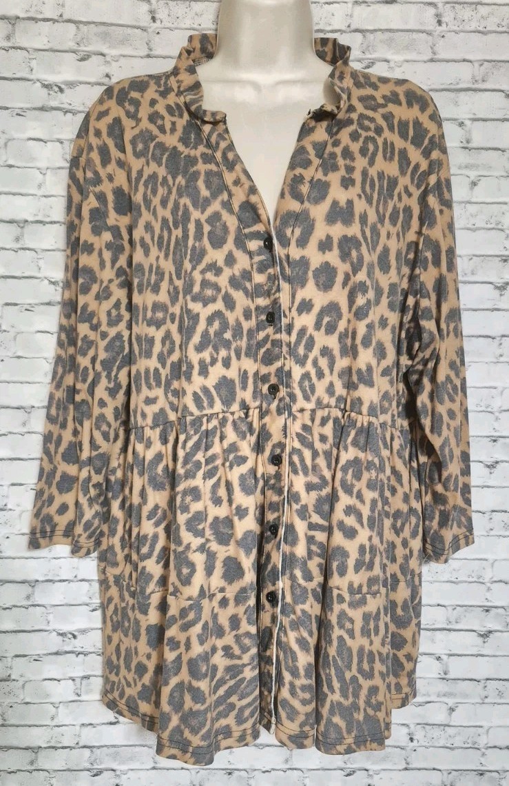 Crazy Train Leopard Animal Print Peplum Tunic Top Womens XL Boho Western