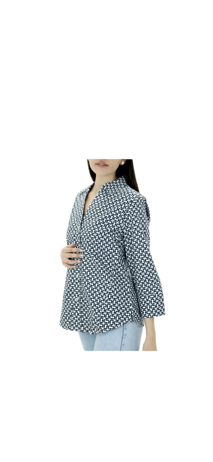 Foxcroft NYC Easy Care Pinpoint Stretch Chain Print Poplin Button-Up cotton sz L