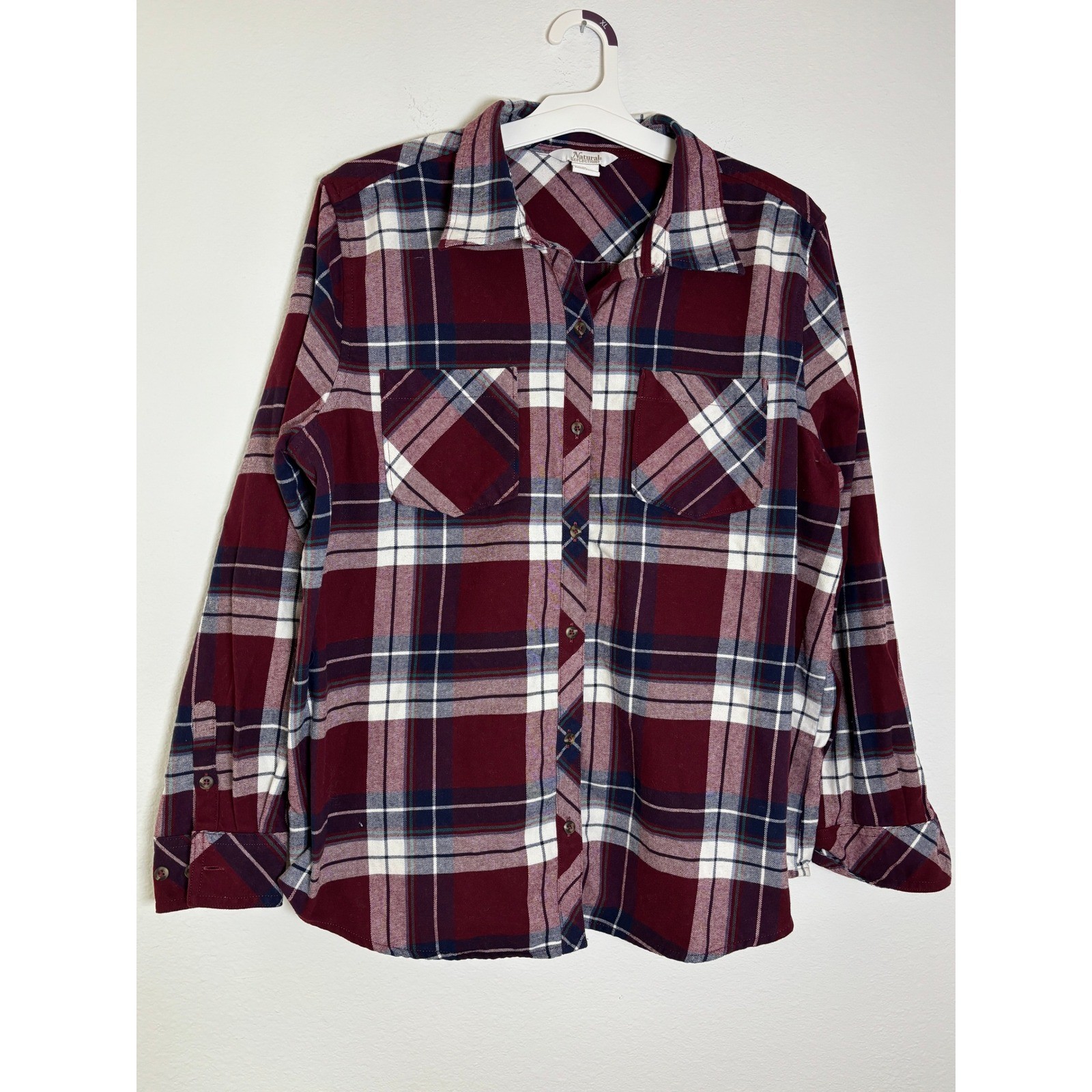 Natural Reflections Womens XL Flannel Shirt Burgundy Plaid Long Sleeve Button Up