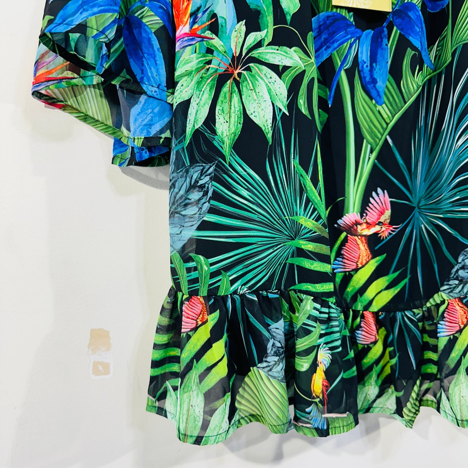 Virtuelle Blouse Top 14 Black Green Blue Birds Tropical Print Bell Sleeve Ruffle
