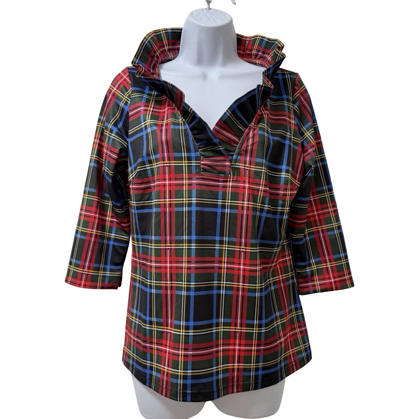 Gretchen Scott Tartan Plaid Stand Up Ruffle Neck Blouse Size S Red Holiday