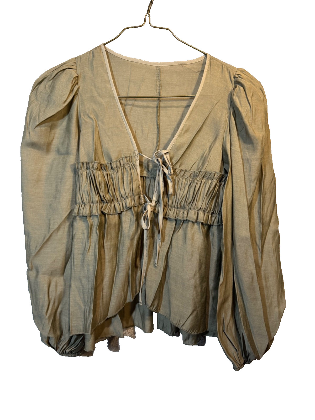 Missguided Women’s Sz Small green sheer ruched Balloon Sleeve Tie Close Blouse
