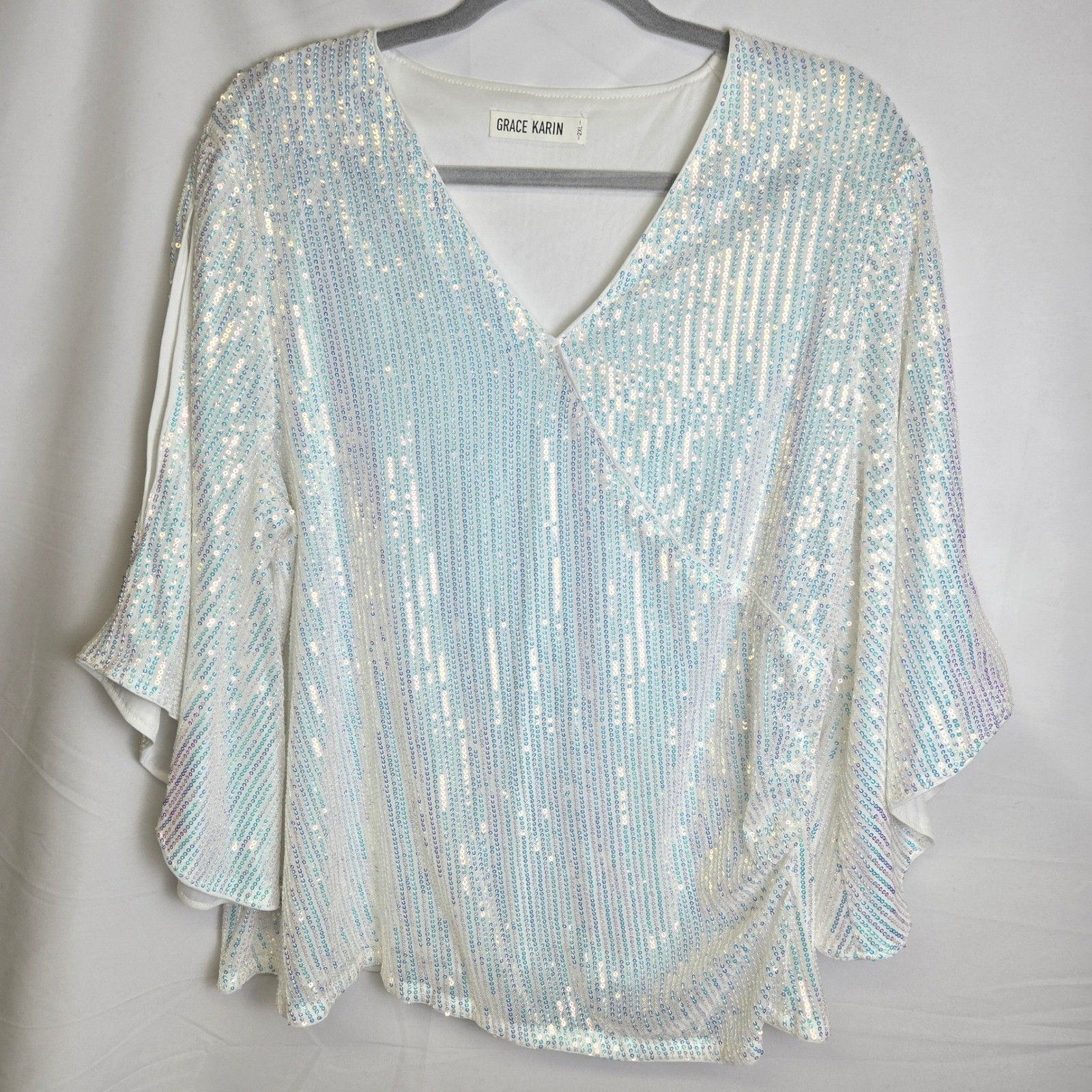 Grace Karin Sparkly Sequin Top 3/4 Bell Sleeves Surplice Neckline White Blue 2XL
