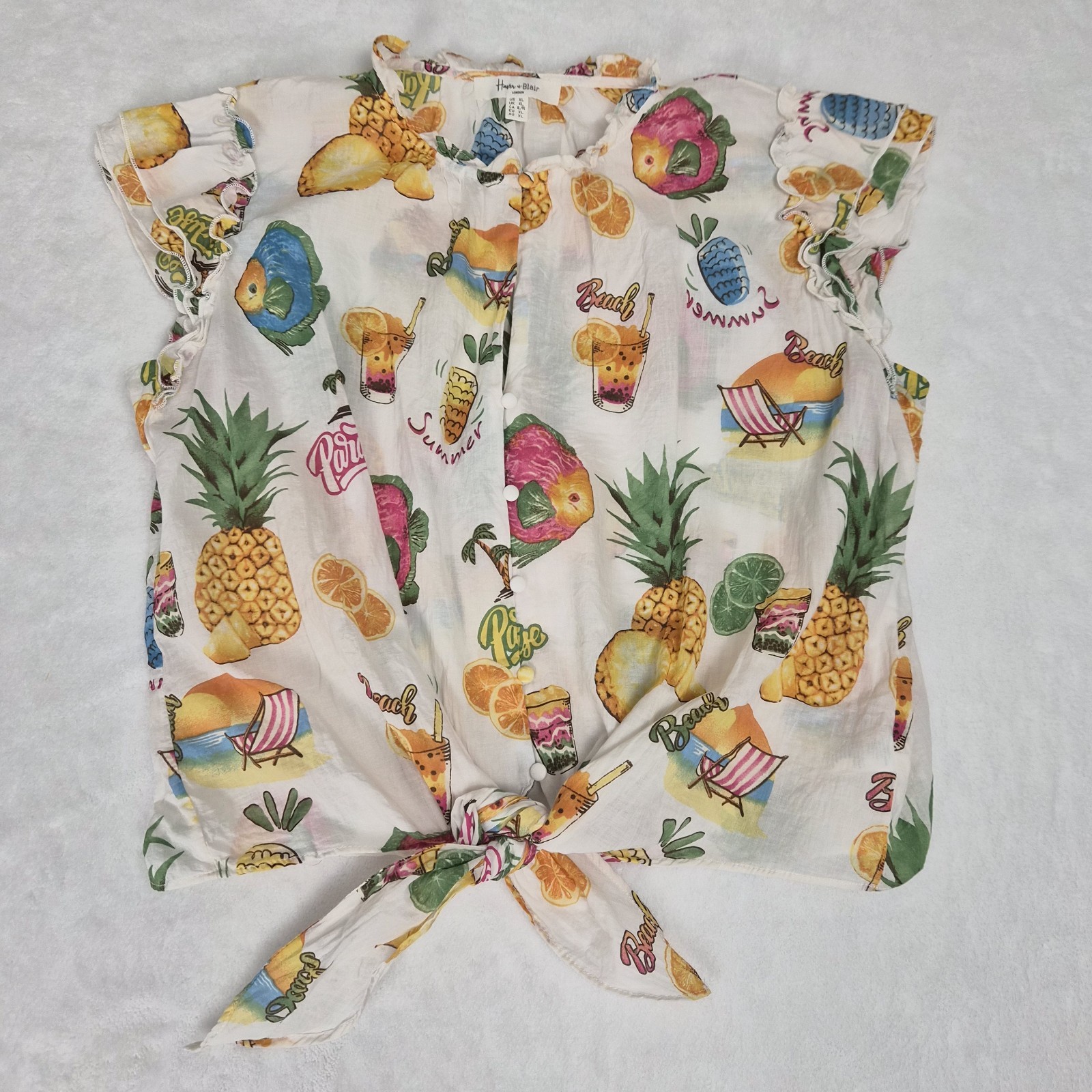 Haver+Blair Womens Top XL Fruit Print Tropical Resortwear Boho Tie Front Blouse