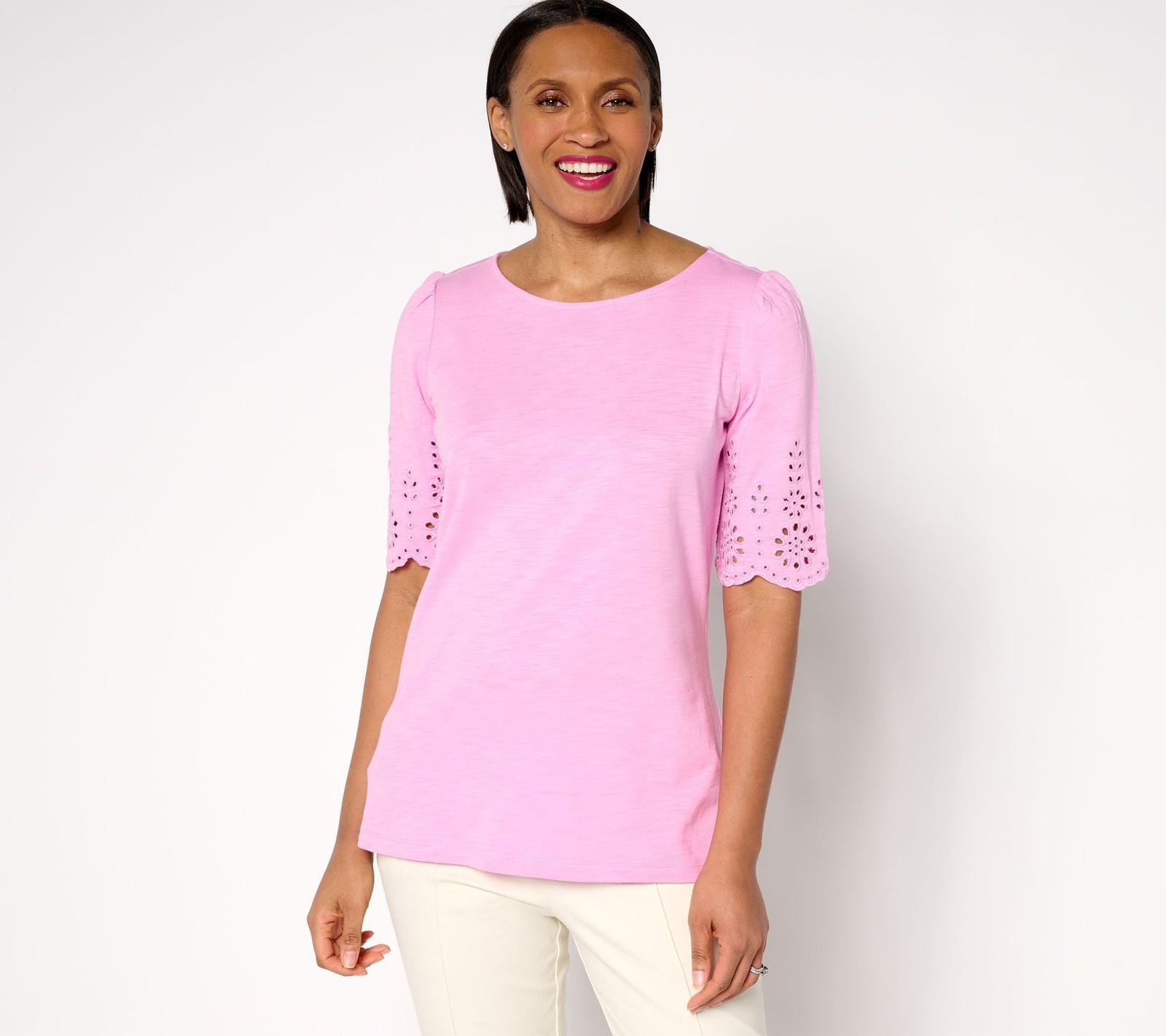 Belle by Kim Gravel Women’s Top Sz S Slub Knit Scallop Sleeve Pink A683335