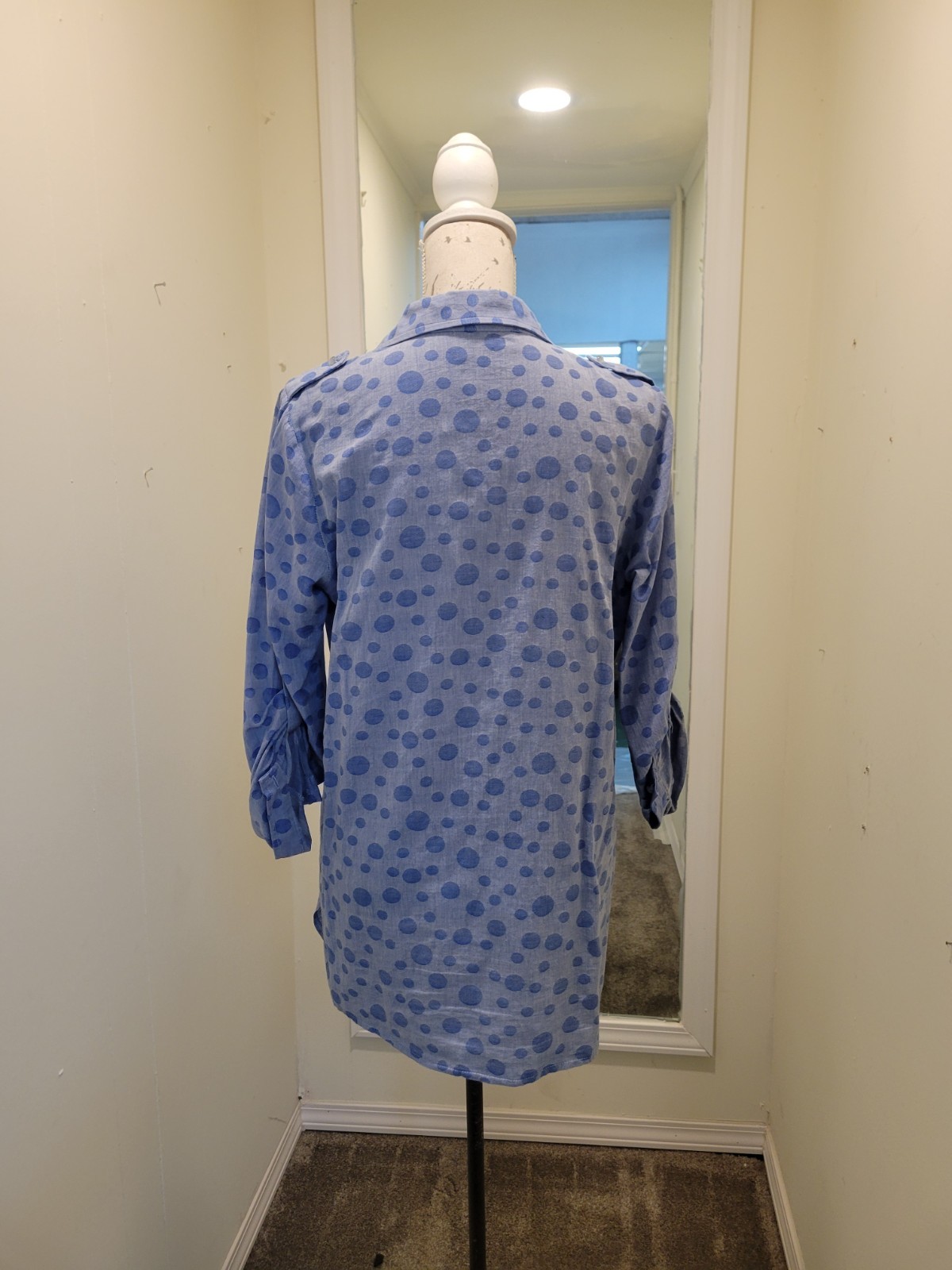 Jade Melody Tam Blue Polka Dot Button-Up Collared 3/4 Sleeve Tunic Cotton M
