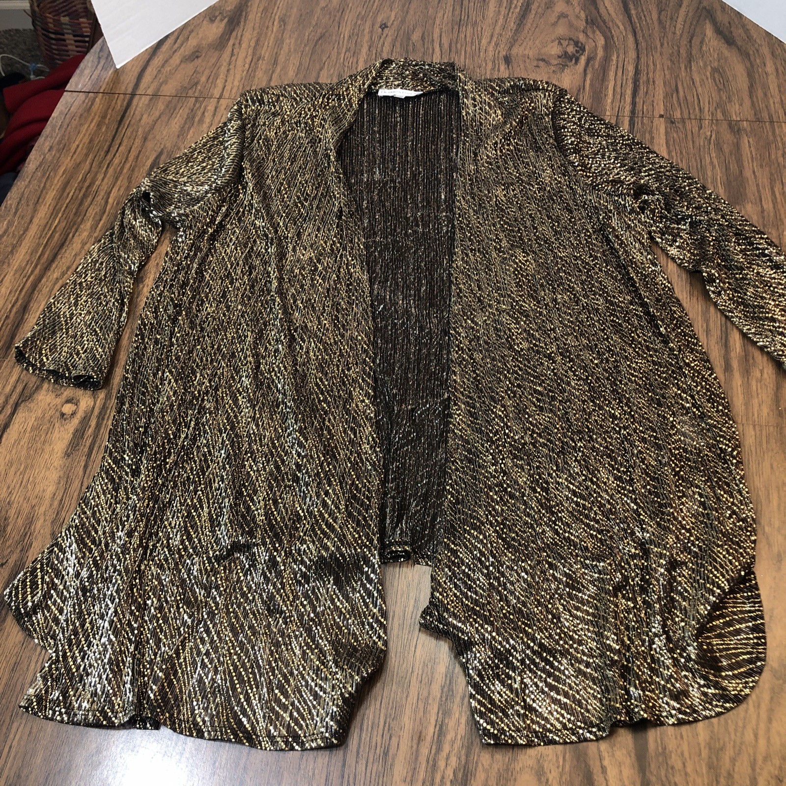 Two Piece Set Lacy Tank Top & Open Cardigan Sz 1X Sheer Metallic Gold Black