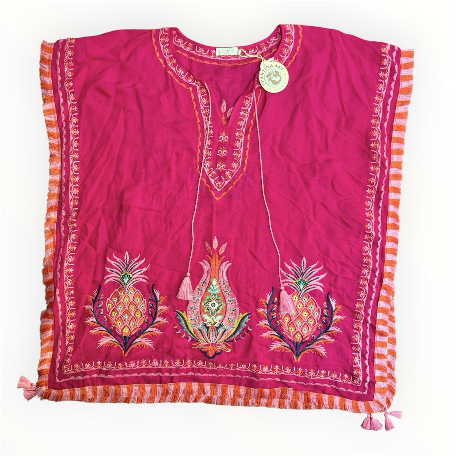NWT Spartina 449 Kaftan Beach Cover Up Pineapple Embroidered Swim Fuchsia Pink