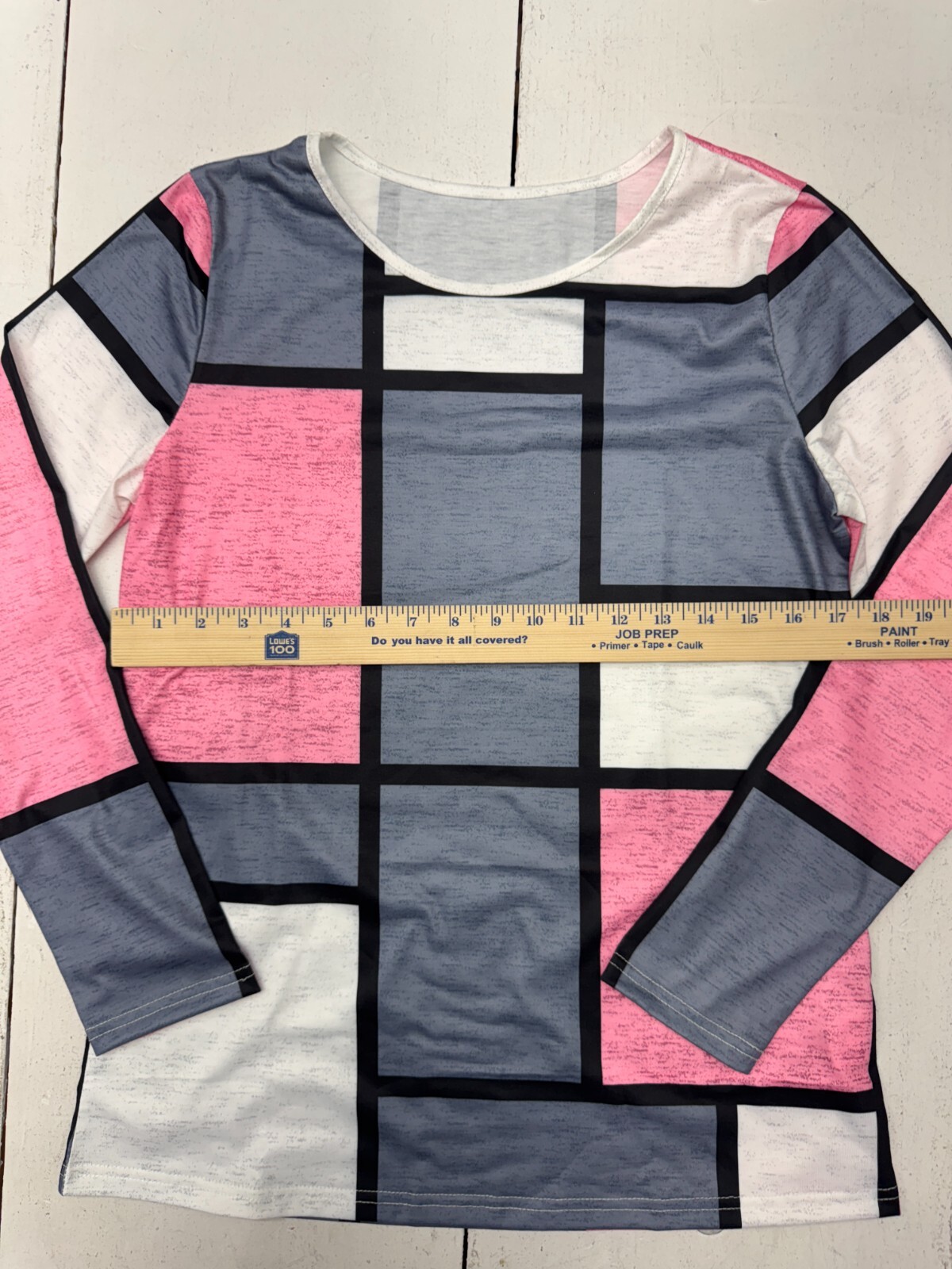 Shein Pink Gray White Geometric Print Long Sleeve Shirt Womens Size Small