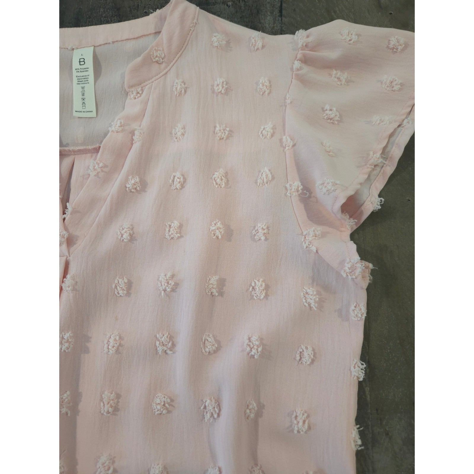 Blooming Jelly Pink Swiss Dot V-Neck Chiffon Flutter Sleeve Top Size L Pom Pom