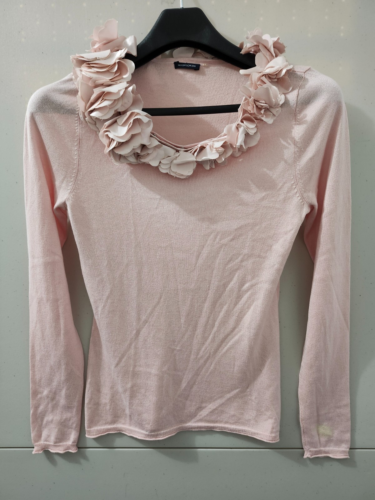 Magaschoni Sweater Top Womens XS Pink Long Sleeve Silk Cashmere Floral Applique