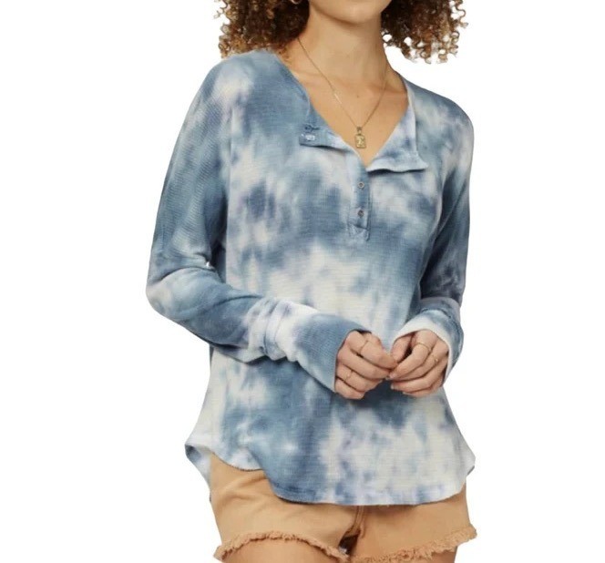 BILLABONG Any Day Henley Thermal Top Sz XS Blue Tie Dye Waffle Knit Cotton Blend