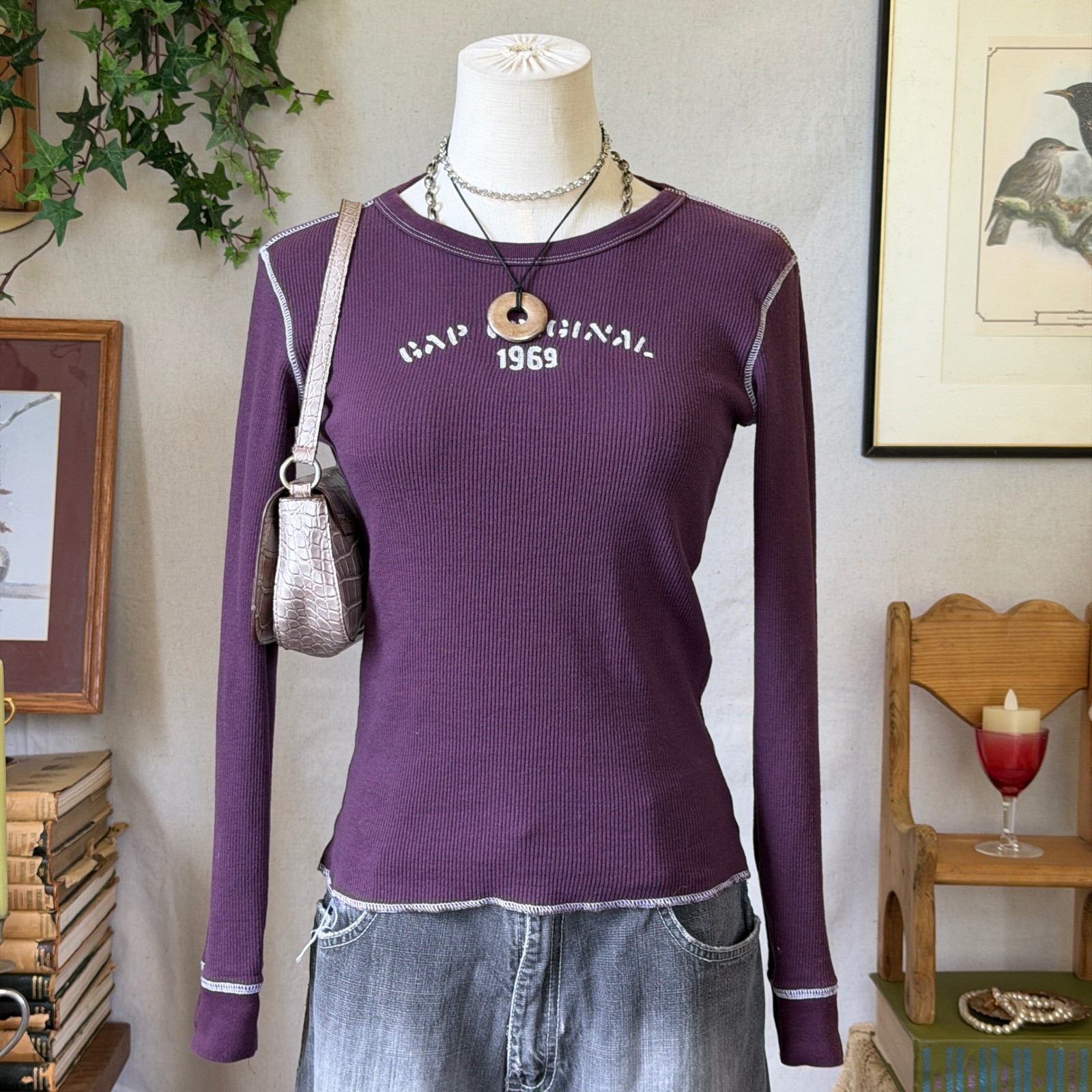Purple Ribbed Contrast Stitch Gap 1969 Shirt Y2K Girly Grunge Vintage S 90s
