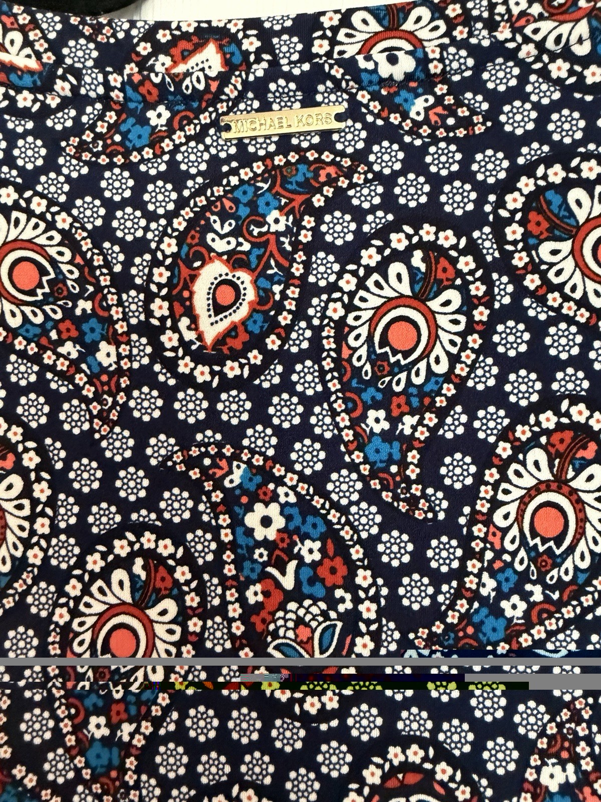 Michael Kors Boho Paisley Floral Navy & Red Top L Short Sleeve Crew Neck