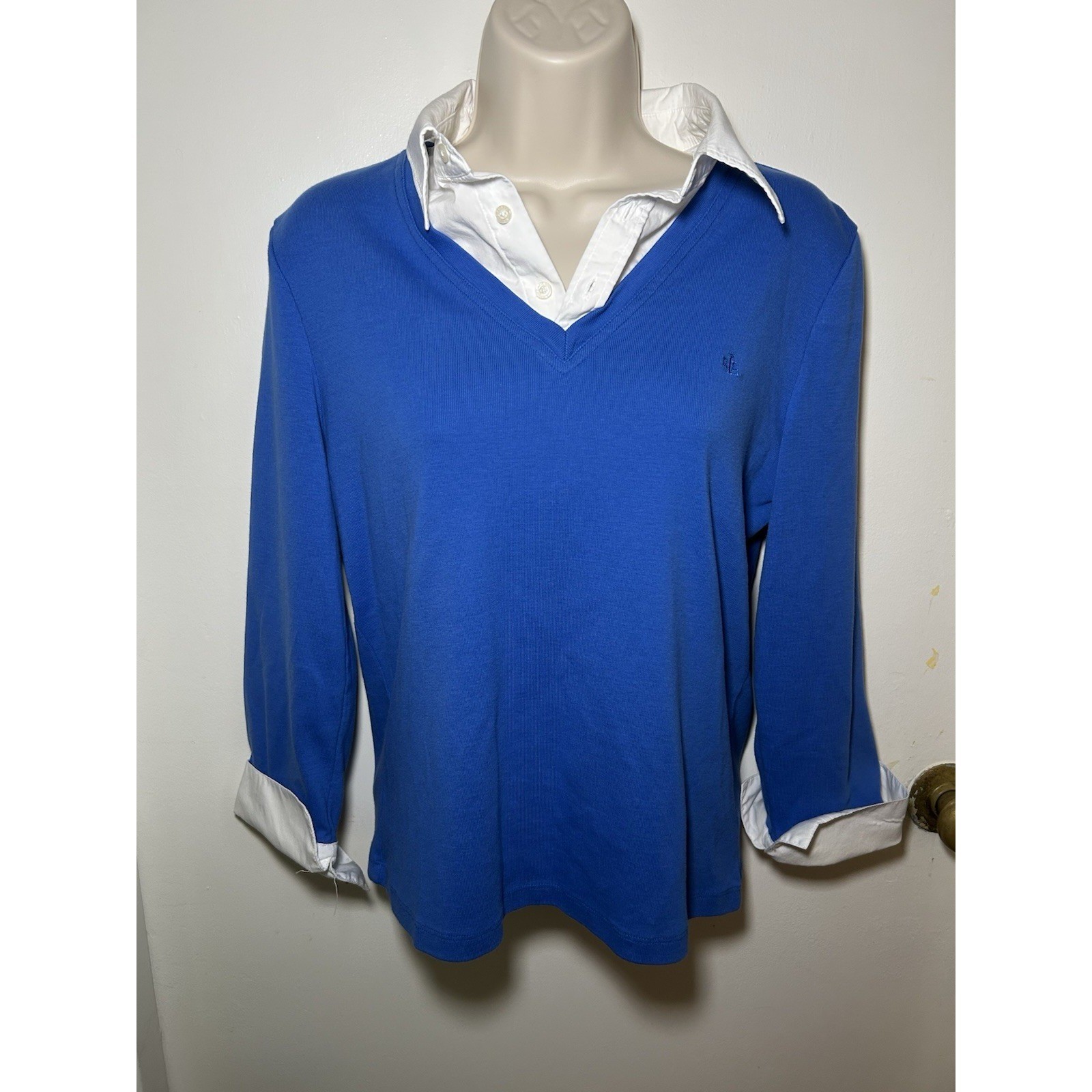 Lauren Ralph Lauren Blue Faux Layered Collared Top Womens L V Neck 100% Cotton