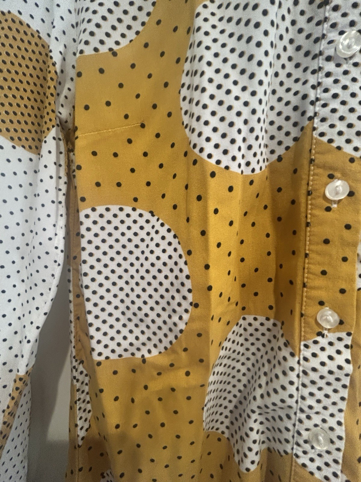 TU UK 8 Mustard White Polka Dot Shirt 100% Viscose Long Sleeve Button Blouse
