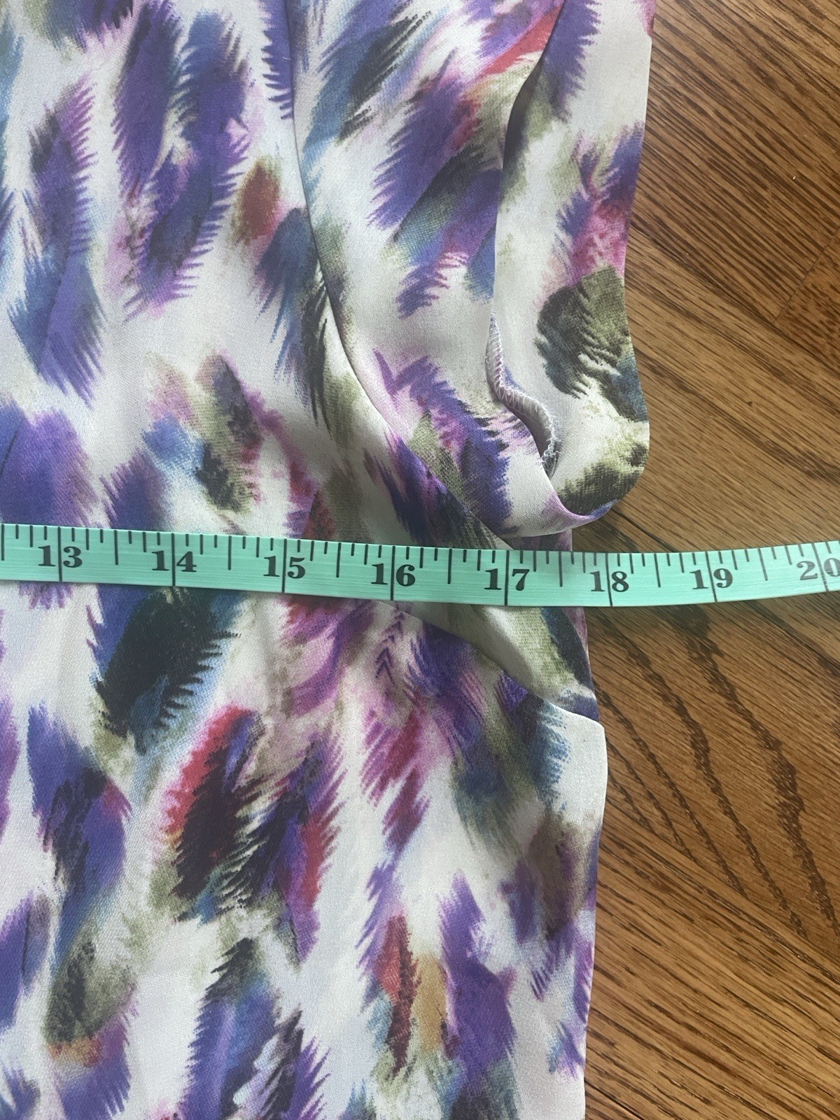 CAbi Cap Sleeve Plume Feather Blouse Size Small Purple Blue Green V Neck Top