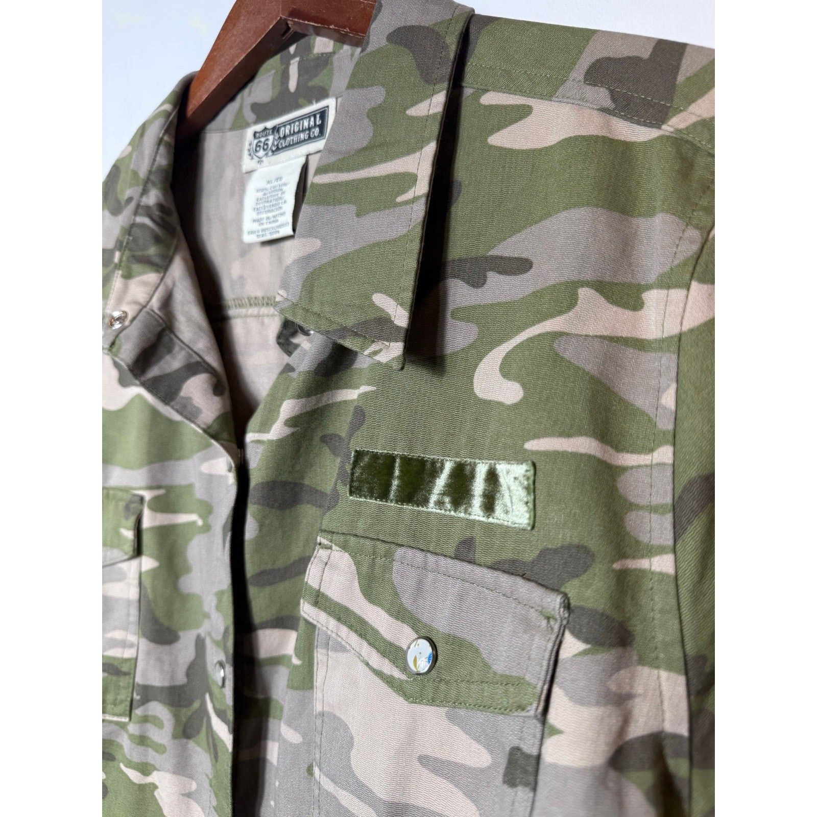 Y2K Route 66 XL Green Camo Cotton Snap Button Shacket Shirt Jacket Streetwear