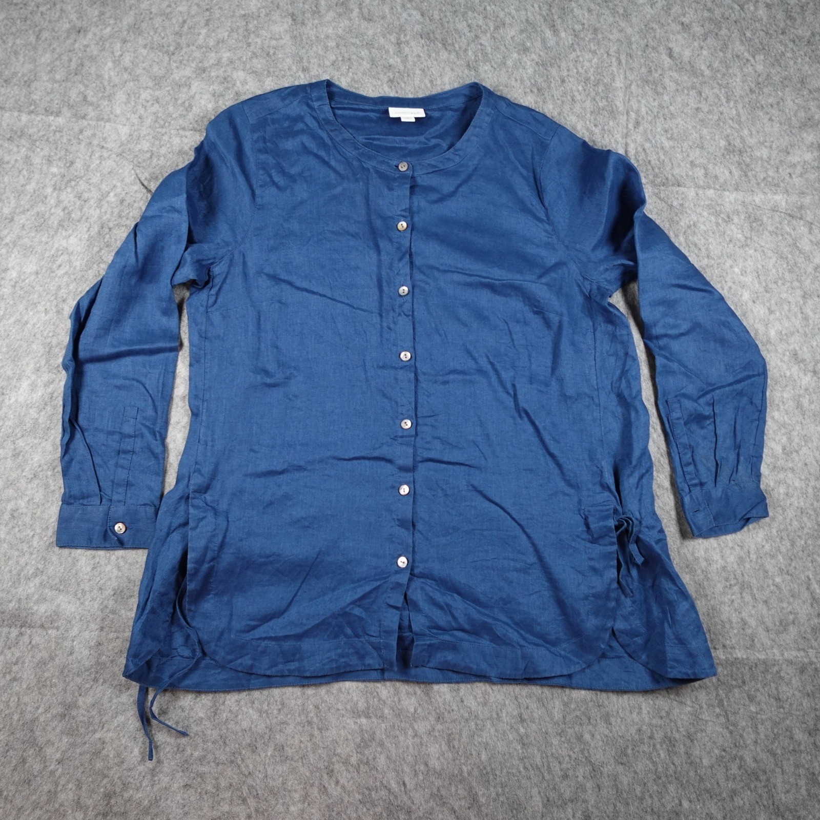 J Jill Top Womens Medium Petite Blue Love Linen Button Down Side Tie Lagenlook