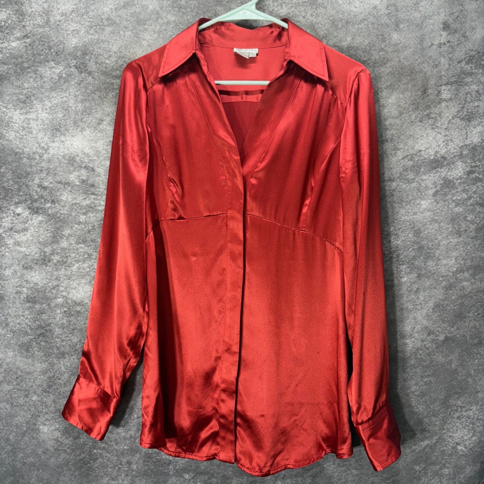 Vintage Worth 100% Silk Satin Button Up Blouse Shirt Size S Red Hidden Button
