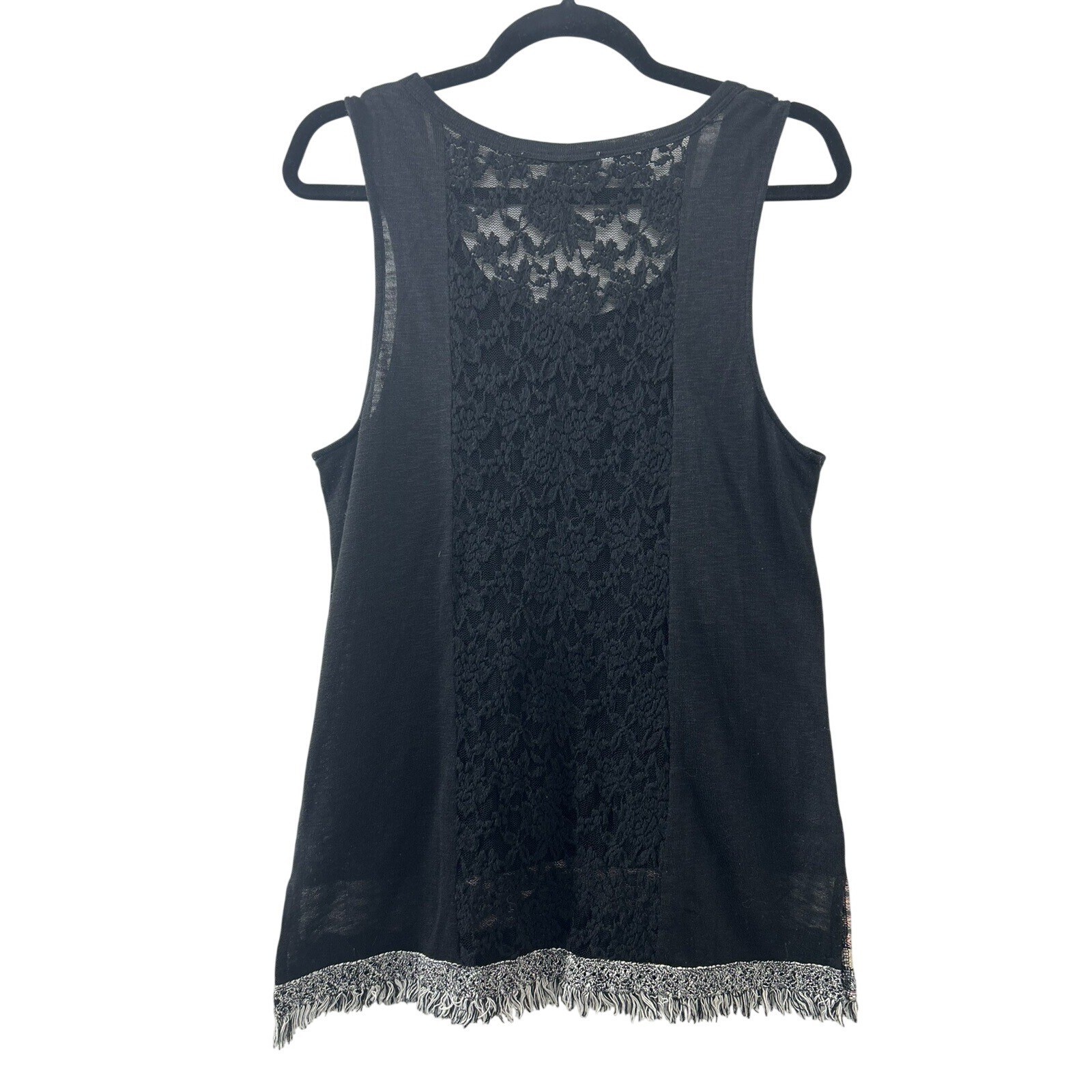 Miss Me Lace Fringe Tank Top L Black Sequin Studded Boho Western Festival Chic