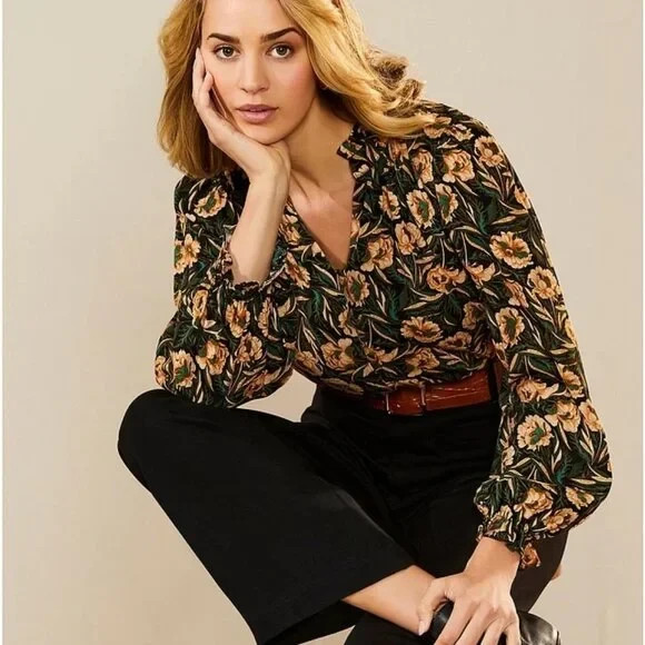 Gibson & Latimer Dark Floral Print Ruffle Collar Split V-Neck Peasant Top XL