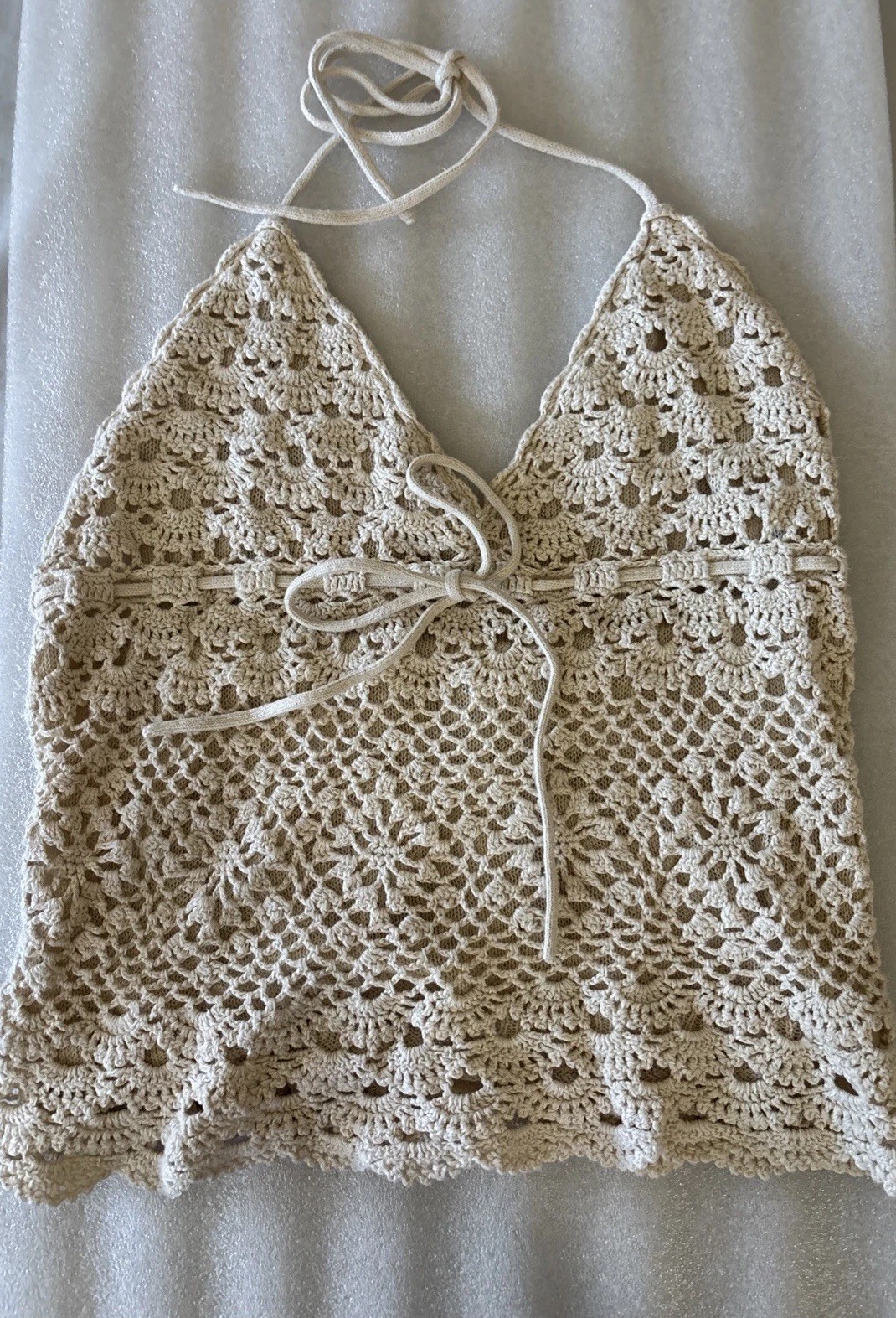 EUC Newport News Beige Ecru Crocheted & Lined Size Small Halter Top