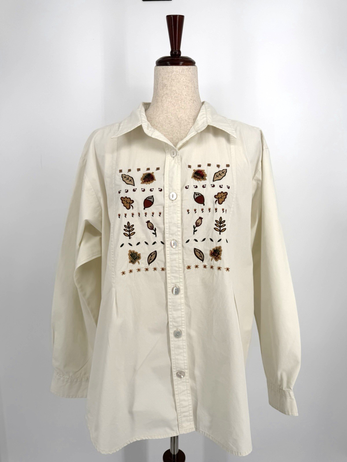 Woolrich Embroidered Fall Leaf Button Up Shirt Women’s Size Large 90s Vtg