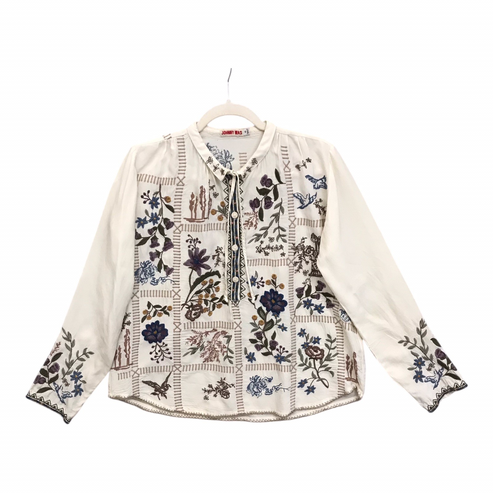 Johnny Was Mabel Tunic Top In Shell Embroidered Floral Boho Boxy Sz XS