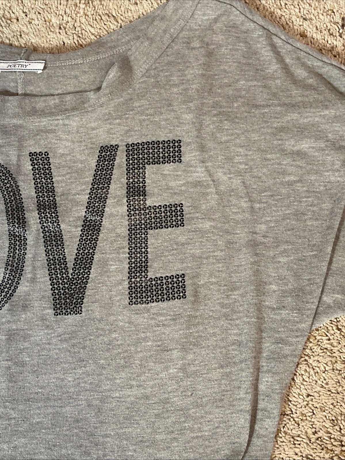 Poetry Boxy Crop Top “LOVE” Women’s Cropped Slightly Heather Gray Very Soft M-L