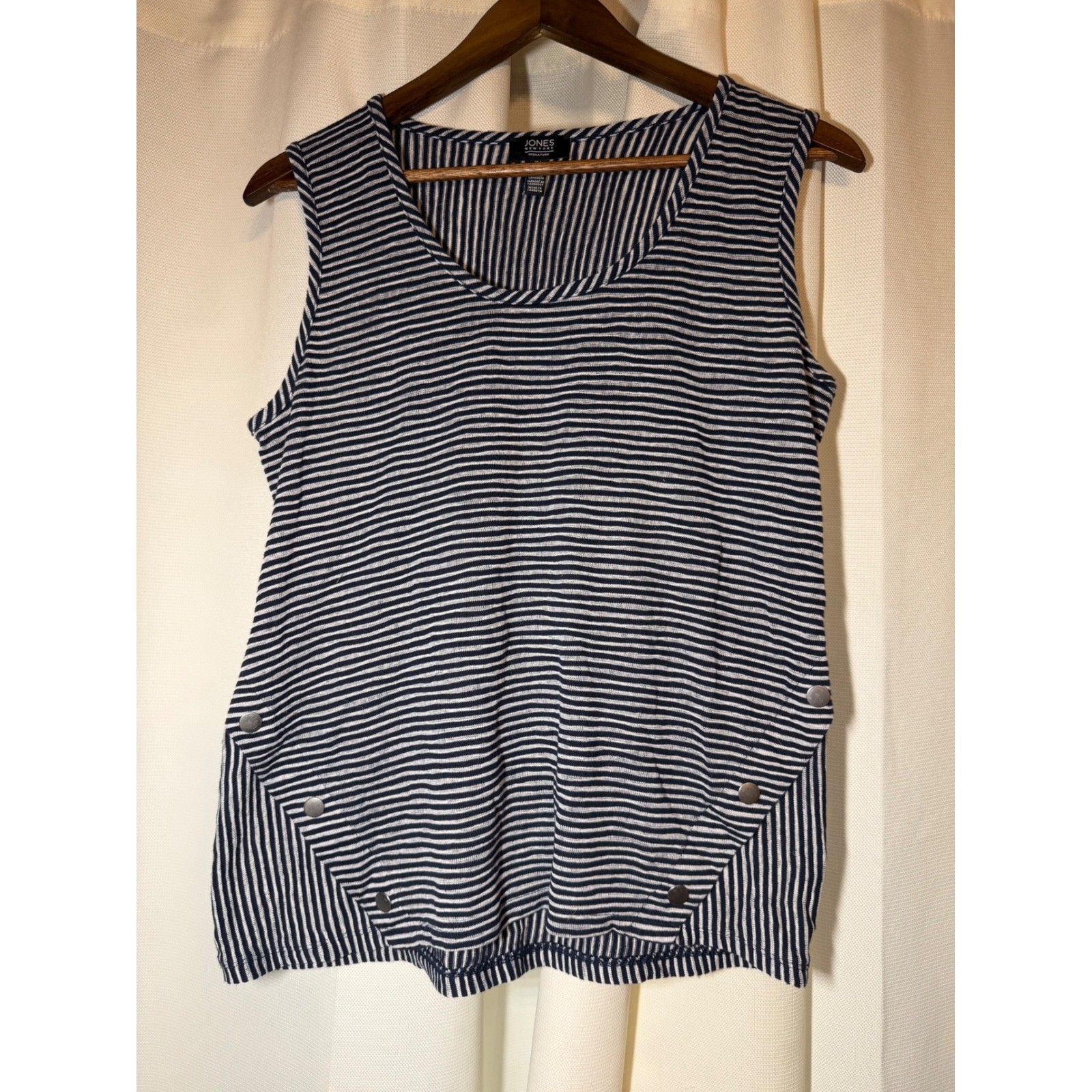 Jones New York Sport Stripe Tank Top Women’s Lg Blue White Snap Hem Cotton Blend