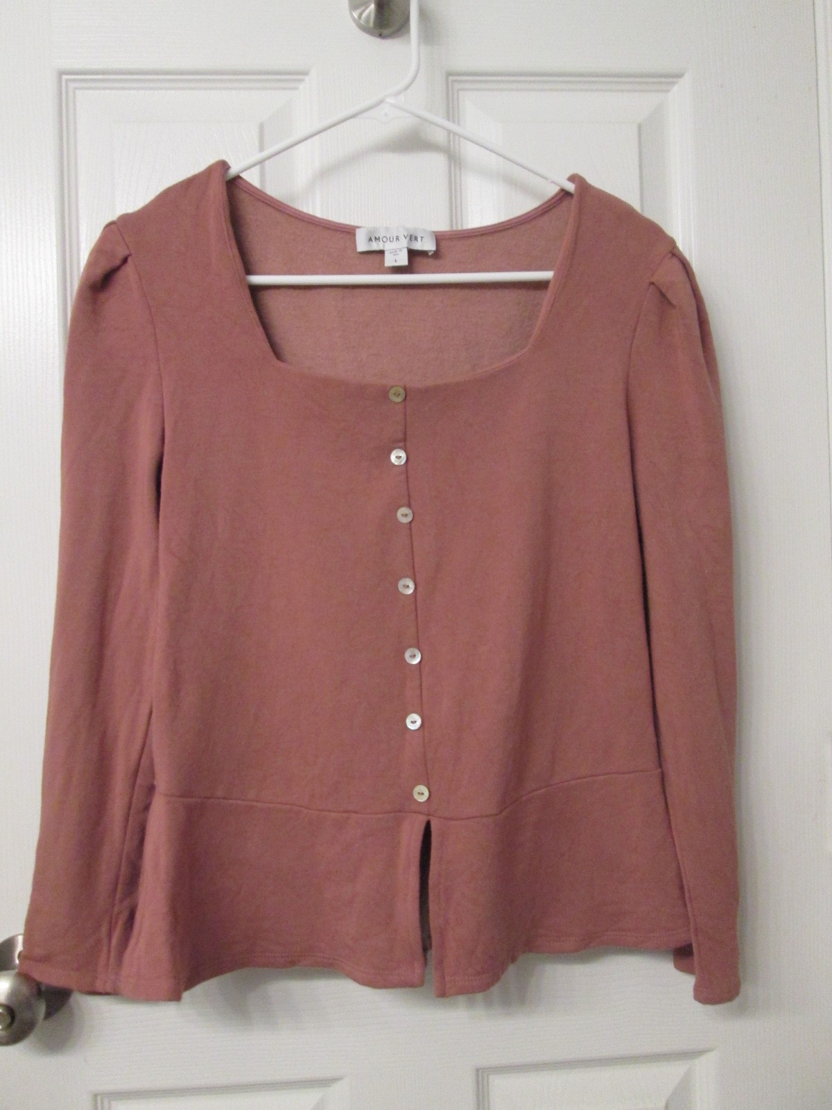 Amour Vert Fitz Luxe Peplum Fleece Square Neck Top Pink Large