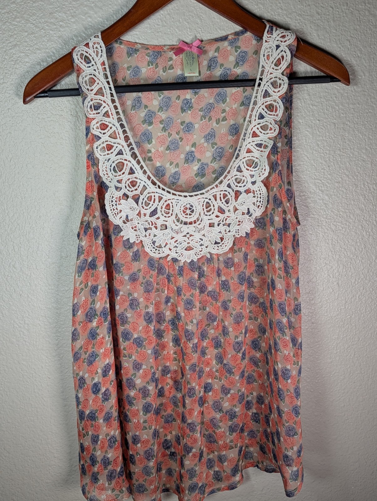 DownEast Basics Sheer Top LARGE Peach Blue Floral On Tan Crochet Neckline